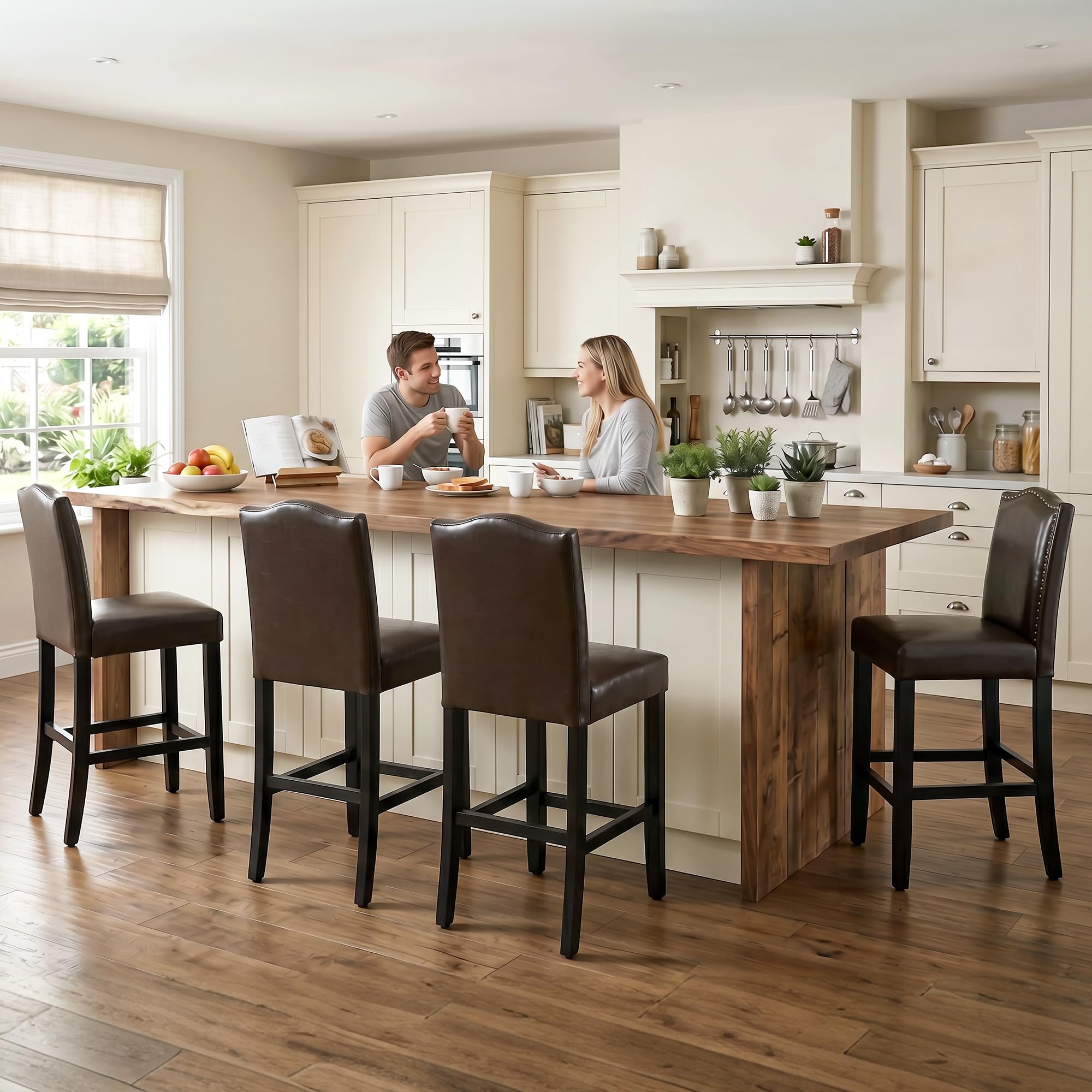 LSSPAID Counter Height Bar Stools Set of 2, 24.8 Inch Modern Upholstered Fabric Barstools, Kitchen Island Chairs with Bronze Nail Backrest and Solid Wood Legs for Kitchen Pub Home Cafe, Beige