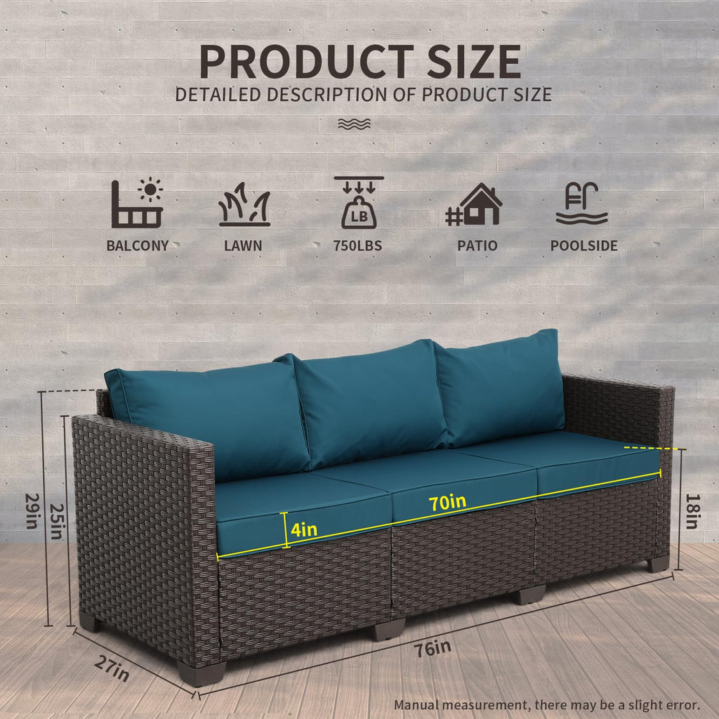 WAROOM Patio Couch PE Rattan 3-Seat Outdoor Sofa Brown Wicker Furniture Set Deep Seating with Anti-Slip Beige Cushion