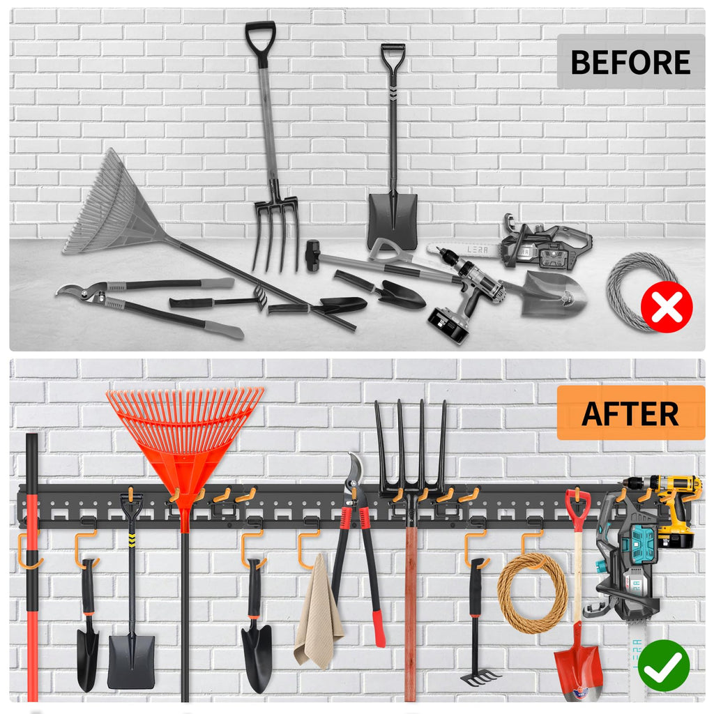 Garden Tool Organizer Wall Mount - Garage Storage and Organization Yard Tool Hanger with Adjustable Pegboard Hooks Shed Rack for Broom Mop Shovel Rake Trimmers, 32 inch Max 350lbs, Black