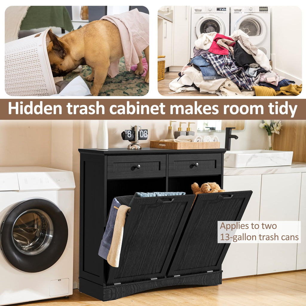AHB Double Tilt Out Trash Can Cabinet Freestanding Kitchen Trash Can, 2x13 Gallons Hidden Garbage Recycling Cabinet with Hideaway Drawers Pet Proof Trash Can Holder for Kitchen, Antique White