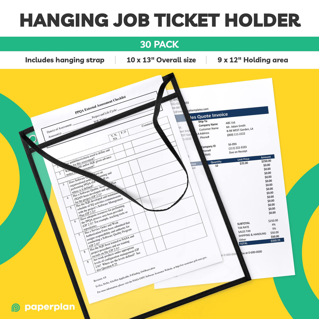 Hanging Job Ticket Holders 9x12 - (30 Pack), 8.5 x 11 Letter Size, Dry Erase Pockets, Clear & Black Plastic Sleeves - Reusable, Water-Resistant