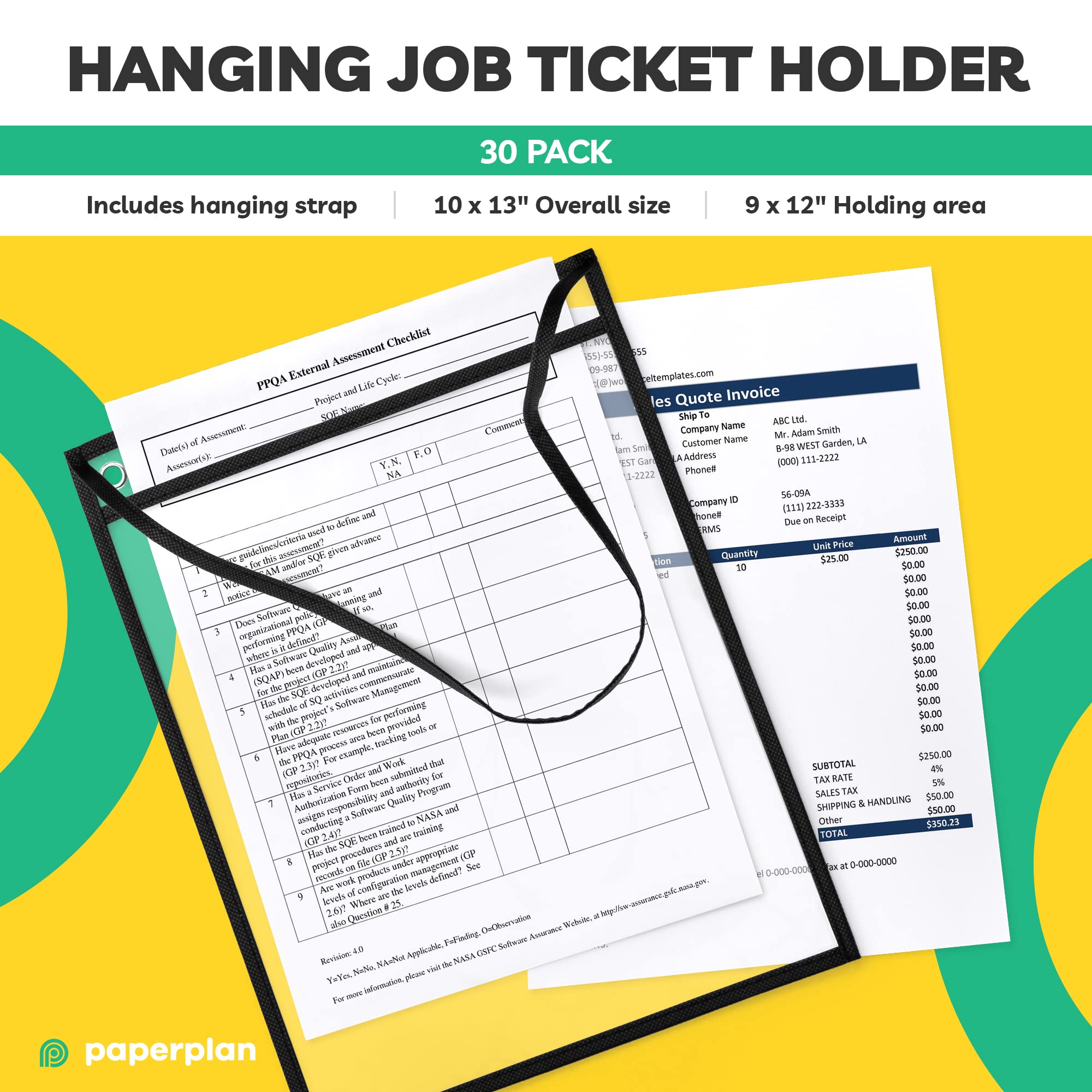 Hanging Job Ticket Holders 9x12 - (30 Pack), 8.5 x 11 Letter Size, Dry Erase Pockets, Clear & Black Plastic Sleeves - Reusable, Water-Resistant