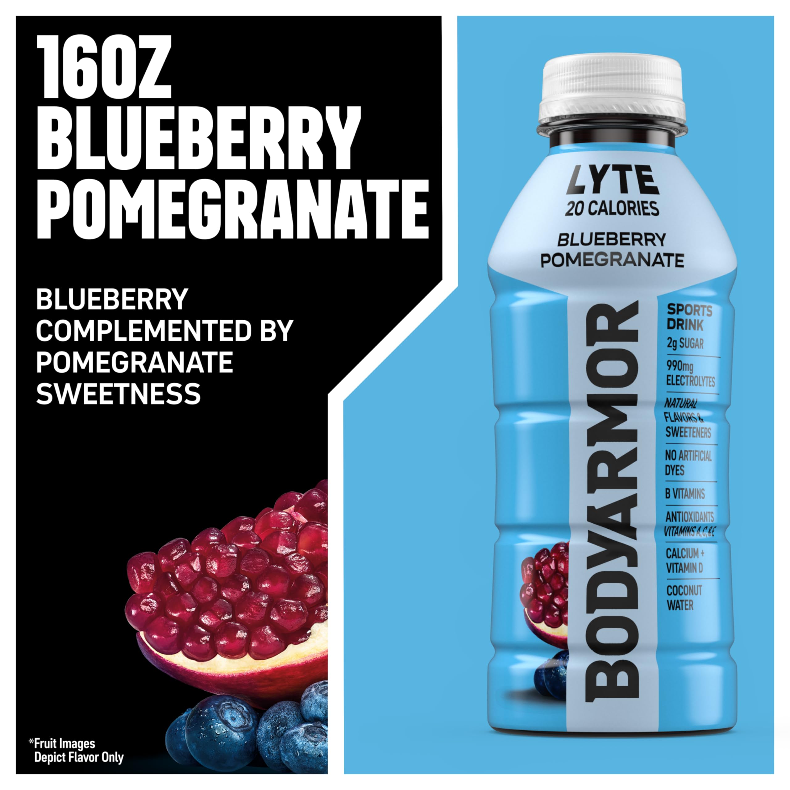 BODYARMOR Lyte Sports Drink Low-Calorie Beverage, Blueberry Pomegranate, Coconut Water Hydration, Natural Flavors with Vitamins, Potassium-Packed Electrolytes, 16 Fl Oz (Pack of 12)
