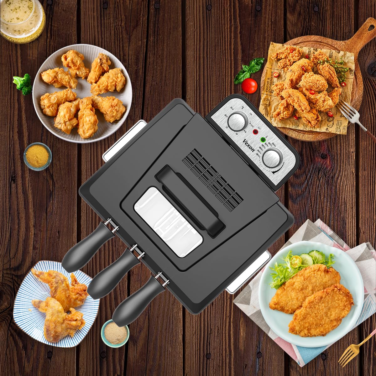 1800W 5 Liters/21 Cups Large Electric Deep Fryer with 3 Frying Baskets, Adjustable Temperature,View Window Lid,Countertop Stainless Steel Body Deep Fryer Pot,Perfect for Kitchen, Fry Fish for Home Use