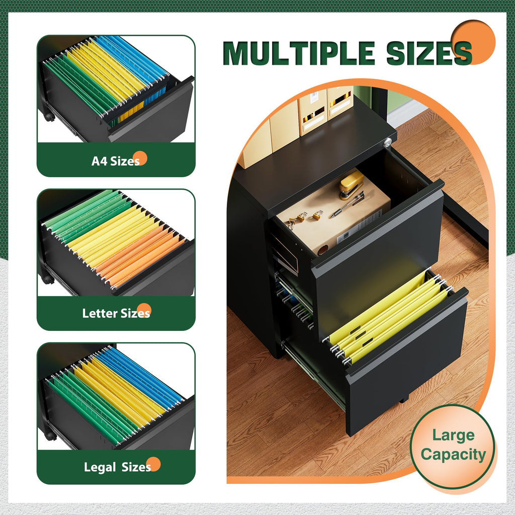 Letaya 3 Drawer Mobile File Cabinet with Lock,Under Desk Metal Small Filing Cabinets for Home Office Organizer Letters/Legal/A4(Fully Assembled Except Wheels-Black)