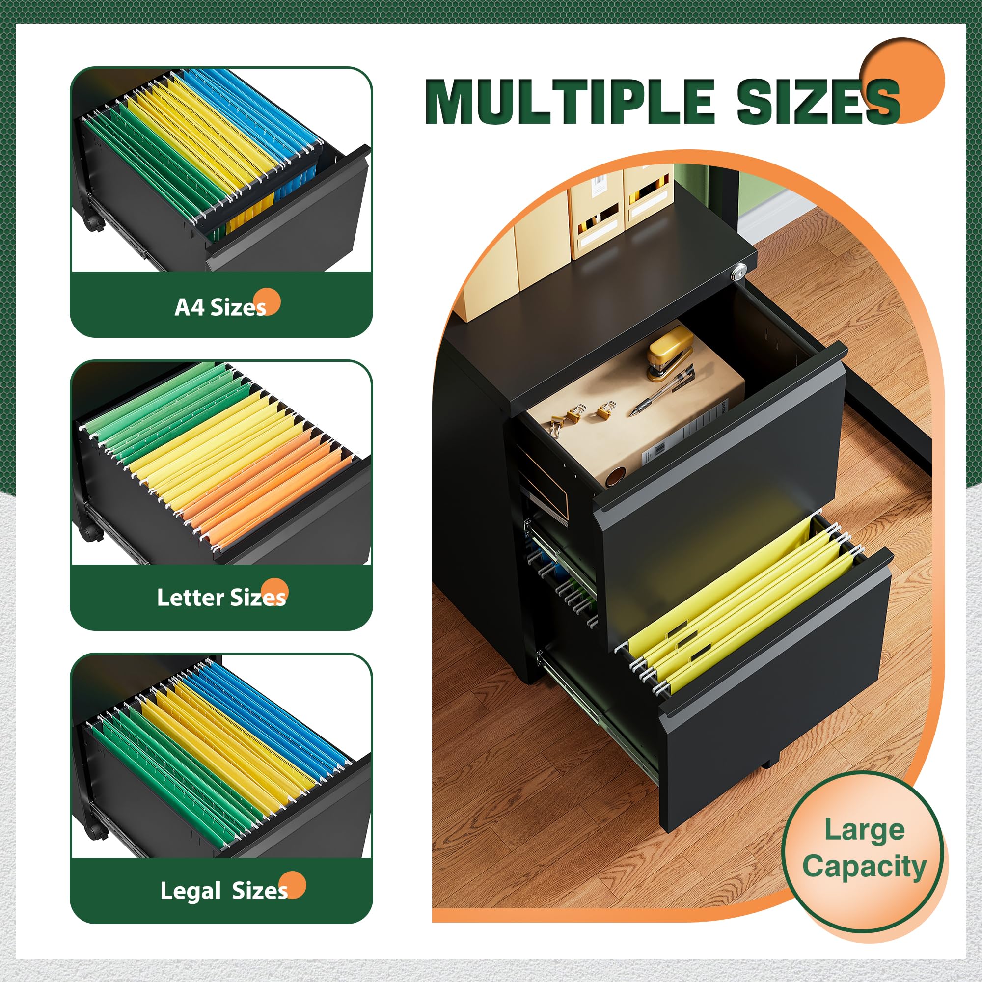 Letaya 3 Drawer Mobile File Cabinet with Lock,Under Desk Metal Small Filing Cabinets for Home Office Organizer Letters/Legal/A4(Fully Assembled Except Wheels-Black)