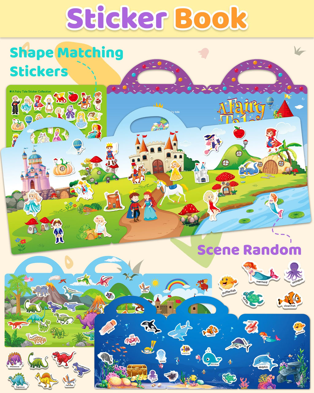 Benresive Reusable Sticker Book for Toddlers, Stickers for Kids, Travel Toys for Arts & Crafts Activities, Birthday Gift for Boys & Girls, Animals Dinosaurs Insects Themes