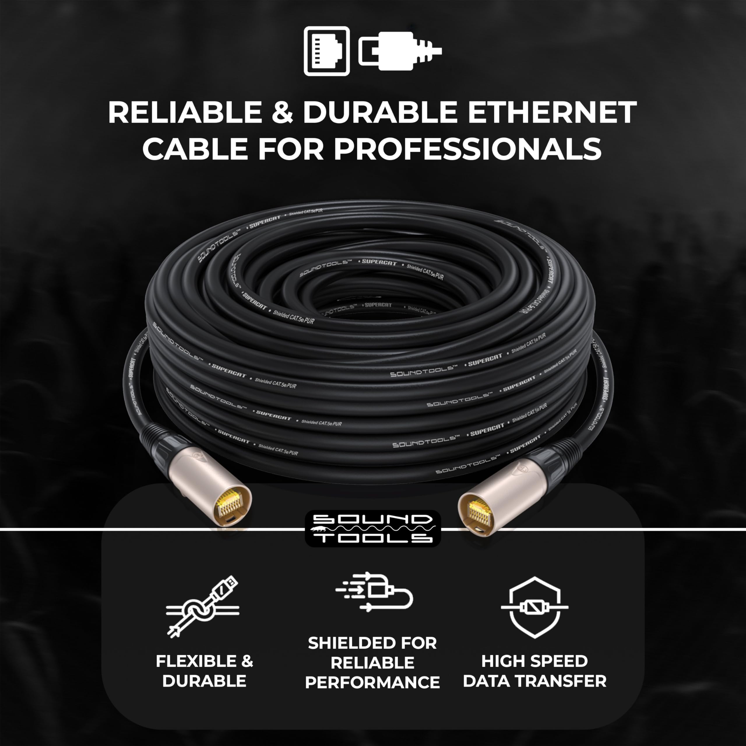Sound Tools SuperCAT Professional Grade Shielded CAT5e etherCON Cable – High-Speed Ethernet Cable with 6Gbps Data Transfer – Flexible Polyurethane Jacket & Neutrik Connectors (3 feet, Black)