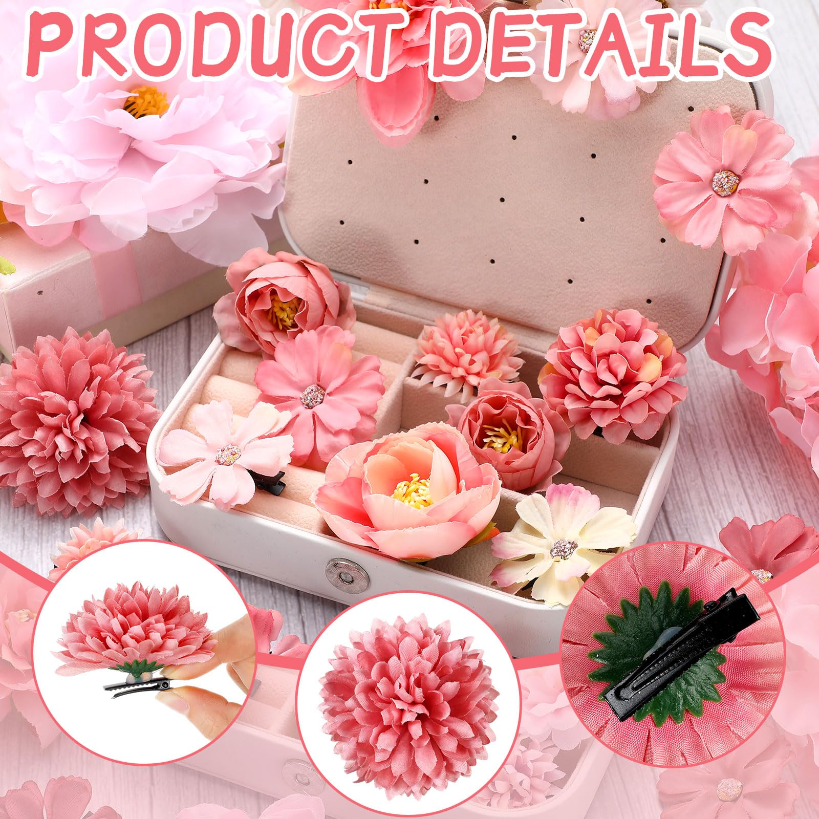 BBTO Flower Hair Clip Rose Hair Clips Barrettes for Women Flower Accessories Boho Bride Claw Clip Hairpin Brooch Pin Headpiece for Wedding(Beige Orange Series,21 Pcs)