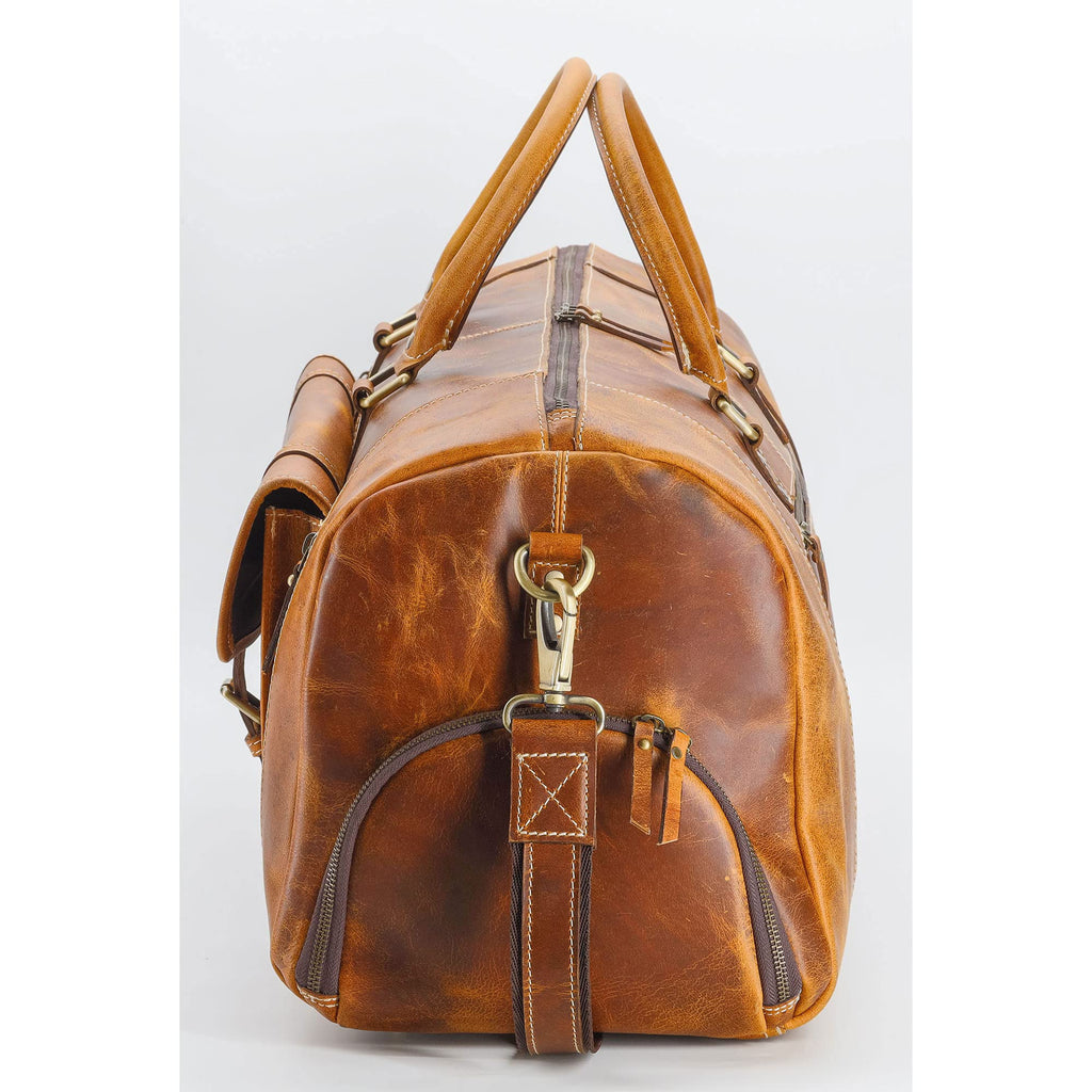 KomalC Leather Duffle Bags for Men and Women Travel Overnight Weekend sports bag holdall Gym Duffel for Men (Dark Tan, 20 Inch)