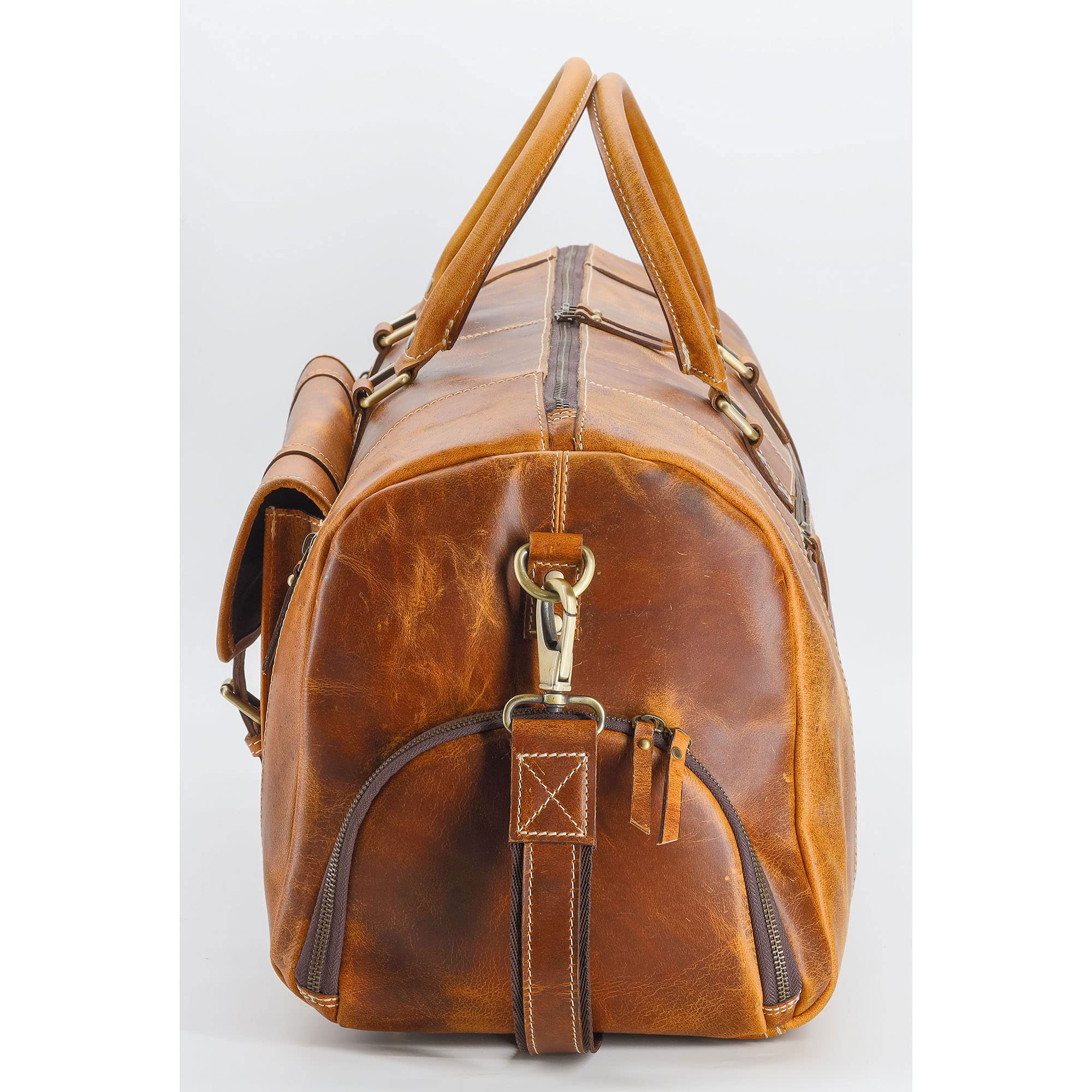 KomalC Leather Duffle Bags for Men and Women Travel Overnight Weekend sports bag holdall Gym Duffel for Men (Dark Tan, 20 Inch)