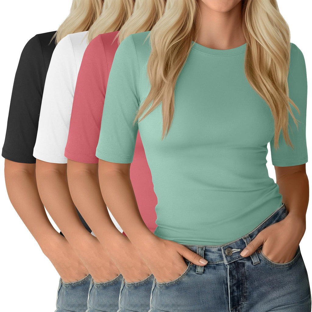 Neer 4 Pack Women's Half Sleeve Tops Elbow Length Slim Fit Crewneck T-Shirts 1/2 Sleeve Casual Summer Basic Tees