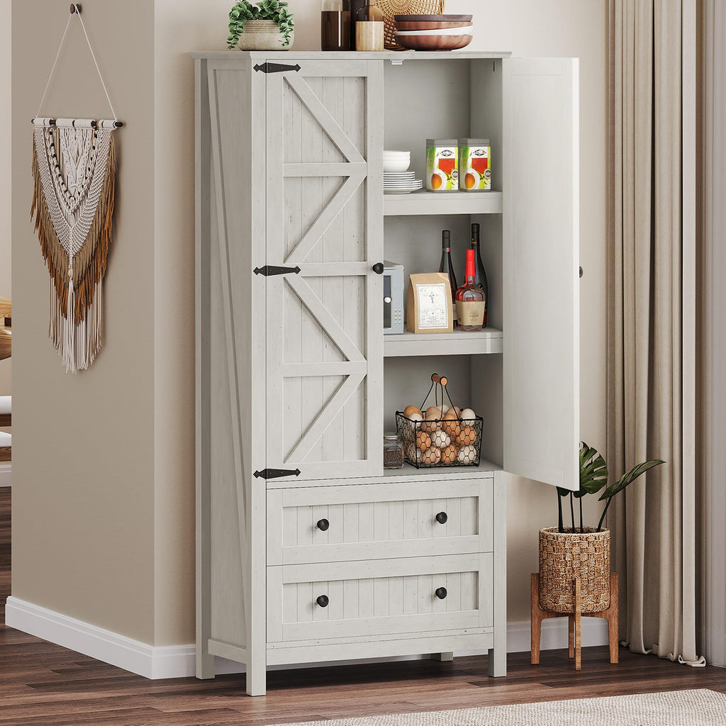 DWVO Farmhouse Kitchen Pantry Cabinet, 64.5" Tall Storage Cabinet with 2 Drawers and Adjustable Shelves, Versatile Storage for Living Room, Dining Room or Hallway, Oak Black