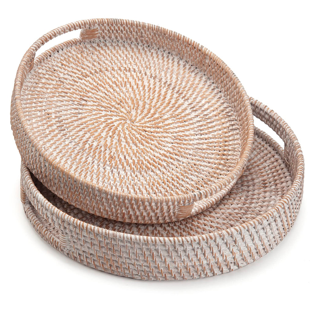 Round Rattan Serving Tray Decorative Woven Ottoman Trays with Handles for Coffee Table Natural (Small 11.8 inch x 2 inch)
