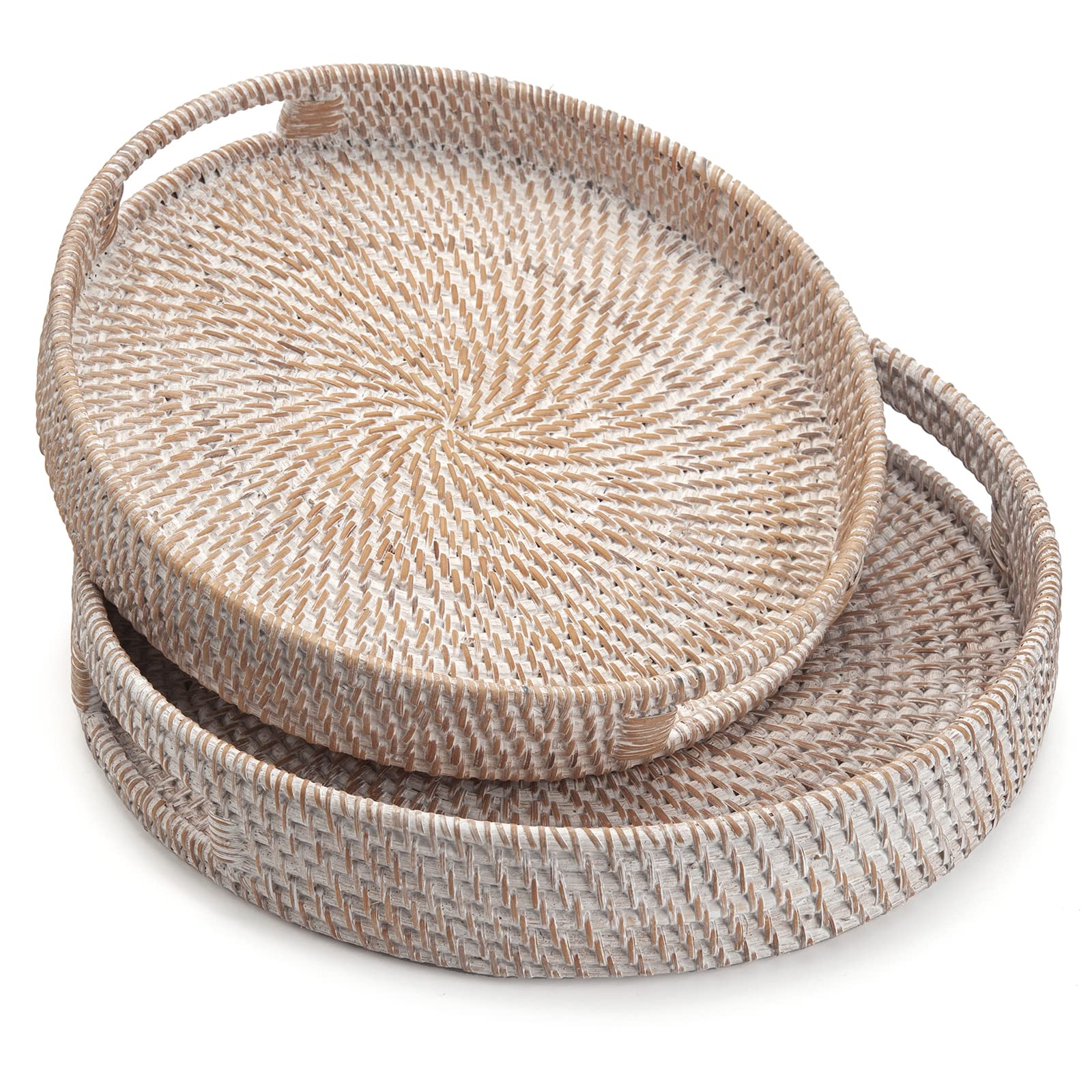 Round Rattan Serving Tray Decorative Woven Ottoman Trays with Handles for Coffee Table Natural (Small 11.8 inch x 2 inch)