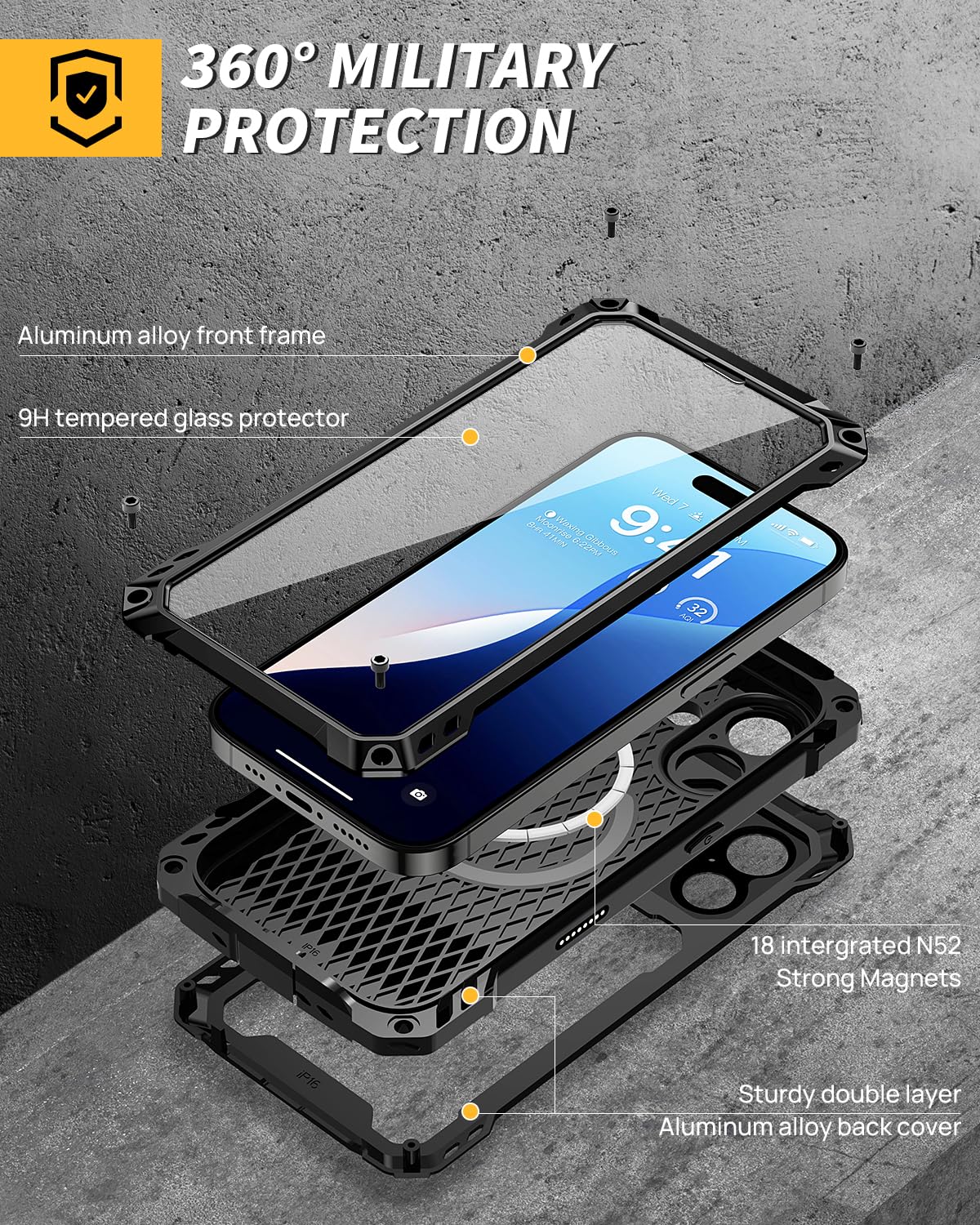Lanhiem for iPhone 16 Metal Case with Camera Cover & Stand [Compatible with MagSafe] [Built-in Kickstand] [Military-Grade Protection] Heavy Duty Rugged Magnetic Phone Case, Black
