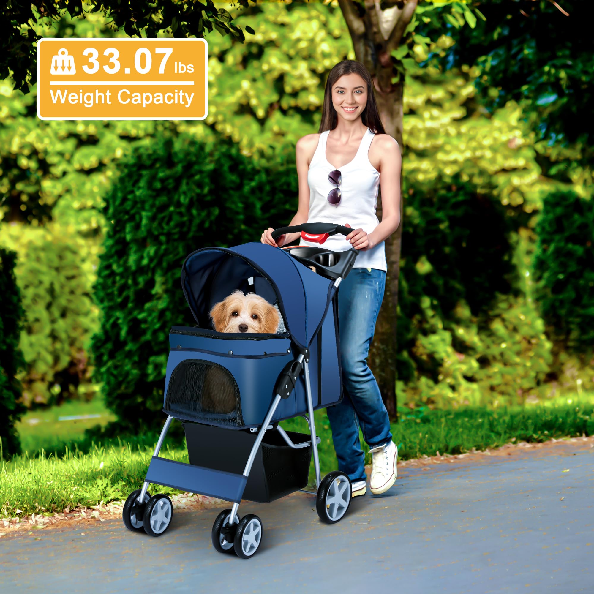 Pet Stroller, 4 Wheels Pet Strolling Cart for Medium/Small Dogs and Cats, Foldable Cat Jogger/Dog Stroller with Cup Holder, Storage Basket, Breathable Mesh, All-Season Pet Carrier, Black