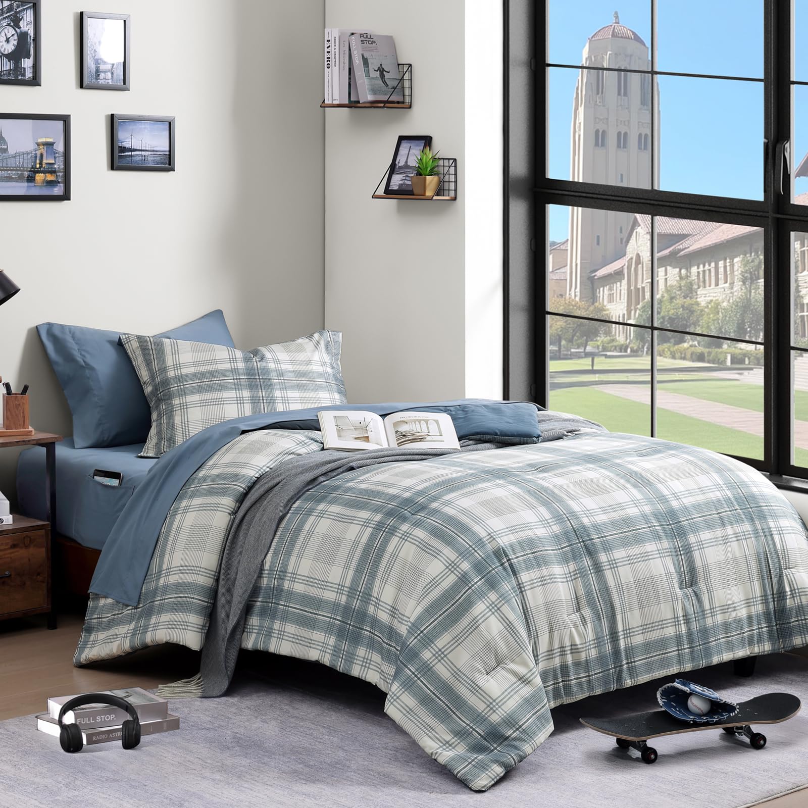 AMBERSPACE Plaid Twin XL Comforter Set Black, Reversible Checkered Bedding Set 5 Pieces for Boys Girls Teen, Lightweight Bed in a Bag for Dorm with Sheets, Pillowcase & Sham