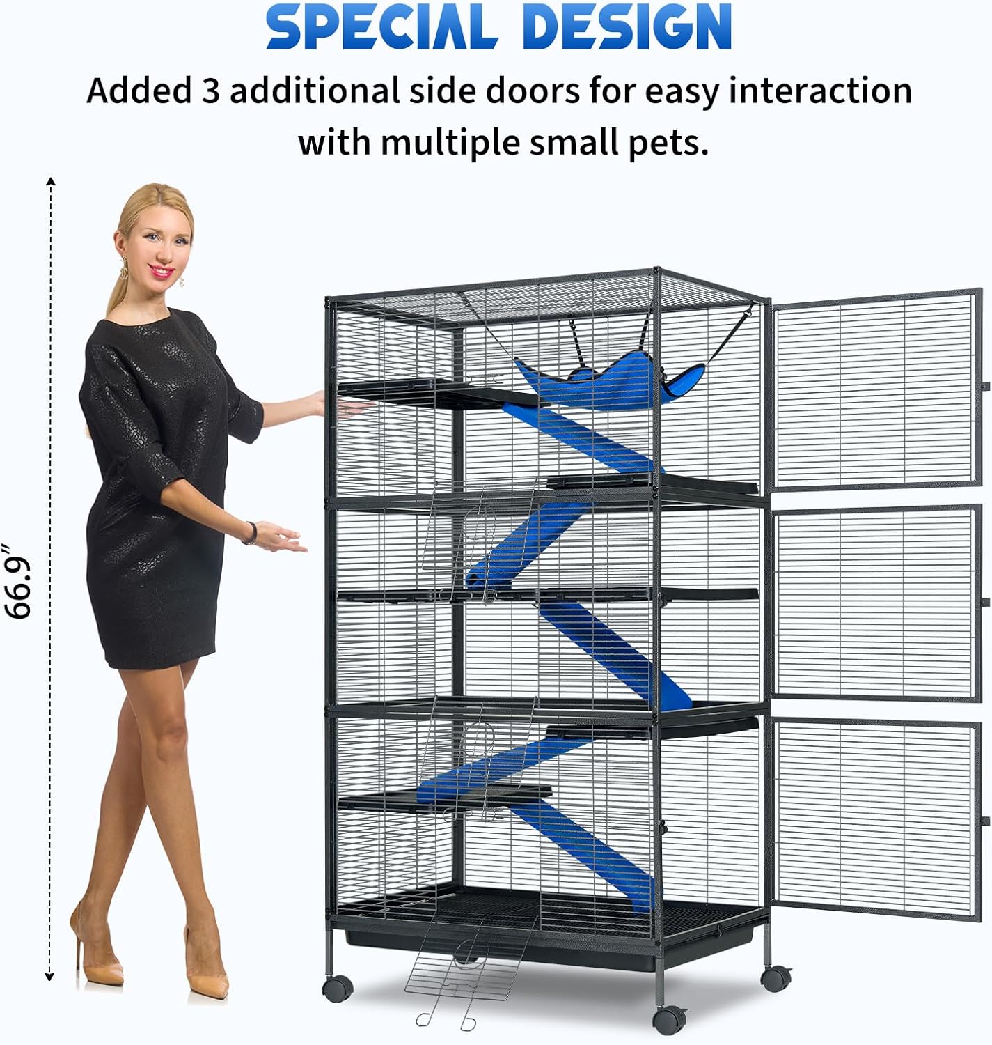 Metal Small Animal Cage 6-Tier Ferret Sugar Glider Cage for Chinchillas/Guinea Pig/Rabbit/Large Hamste Rolling Critter Nation Cage with Flannel ramps, Removable Tray,6 Doors Easy Clean