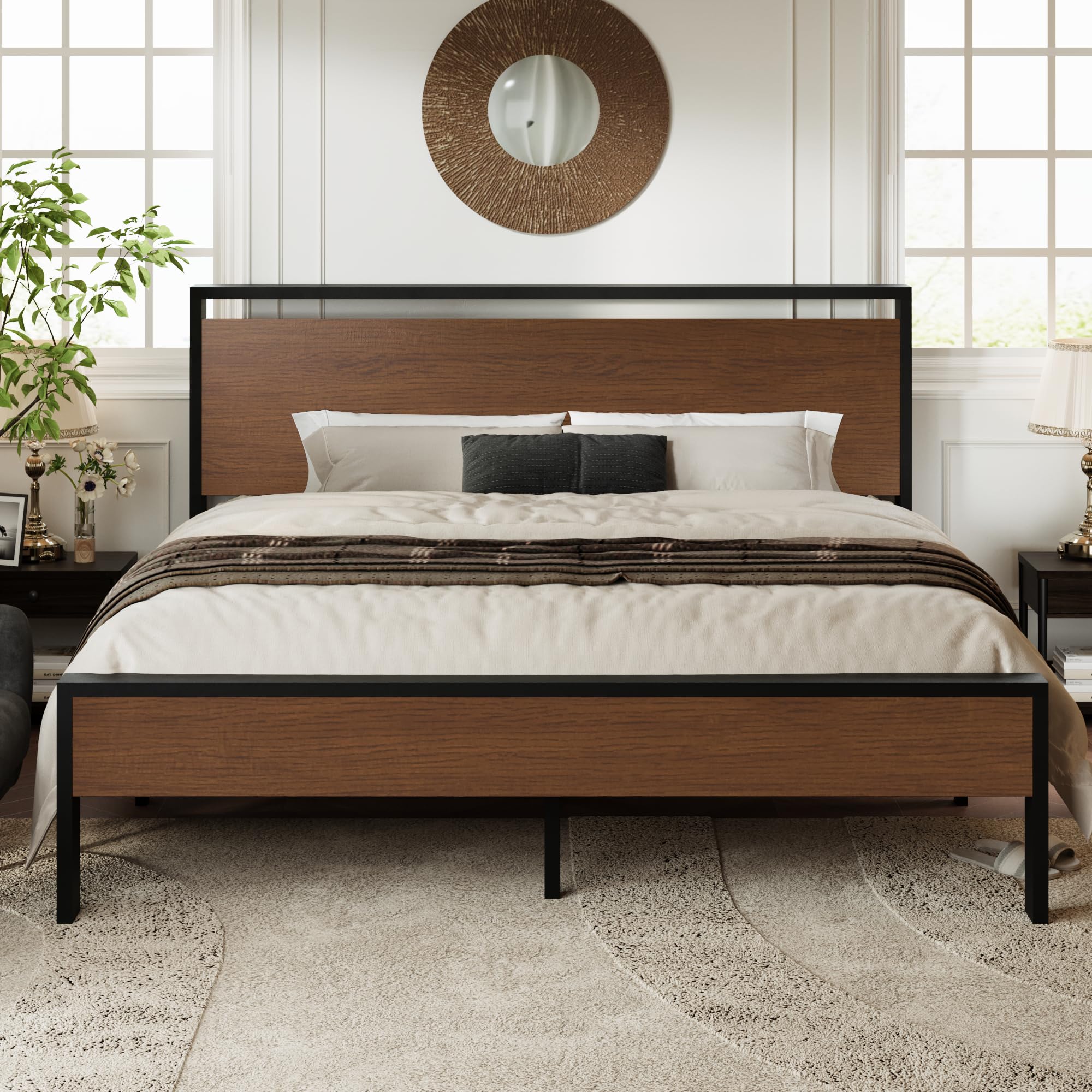Allewie Twin Size Platform Bed Frame with Wooden Headboard and Footboard, Heavy Duty Metal Slats Support, No Box Spring Needed, Under-Bed Storage, Noise Free, Easy Assembly, Black Oak