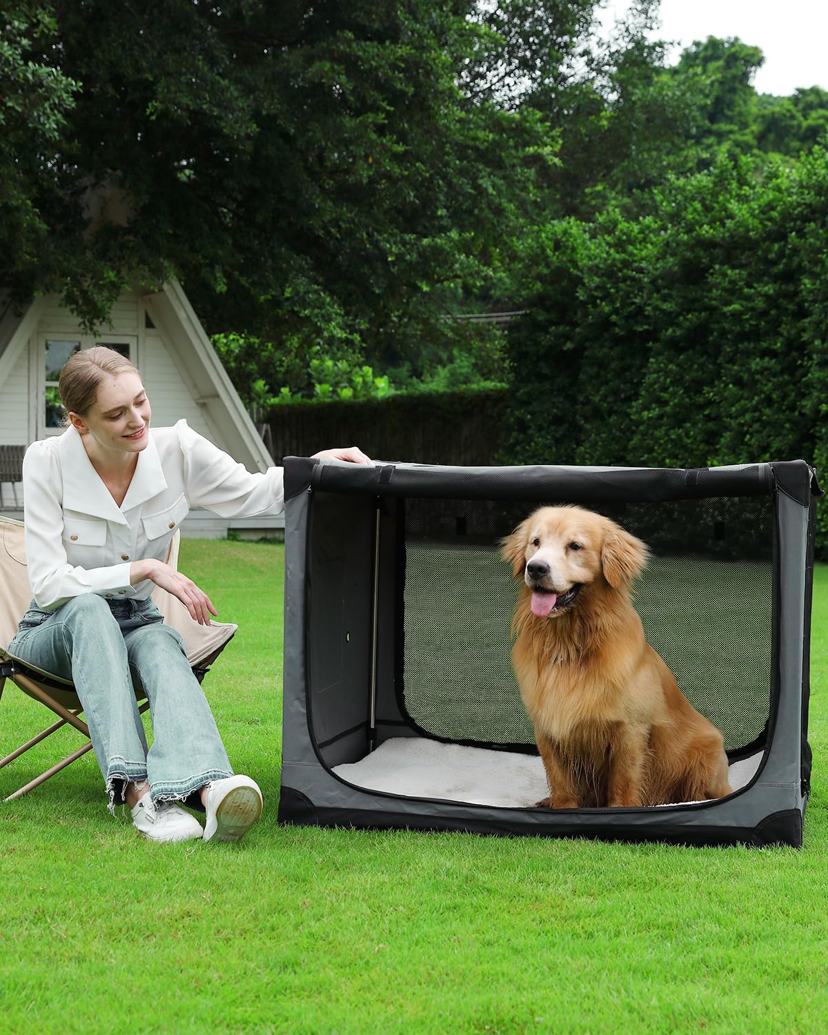 Veraste 24" L x 17" W x 17" H Collapsible Travel Dog Crate, Portable Soft Dog Kennel for Small Medium Pets up to 30 lbs, 4-Door Foldable Travel Crate with Durable Mesh & Storage Bag, Black