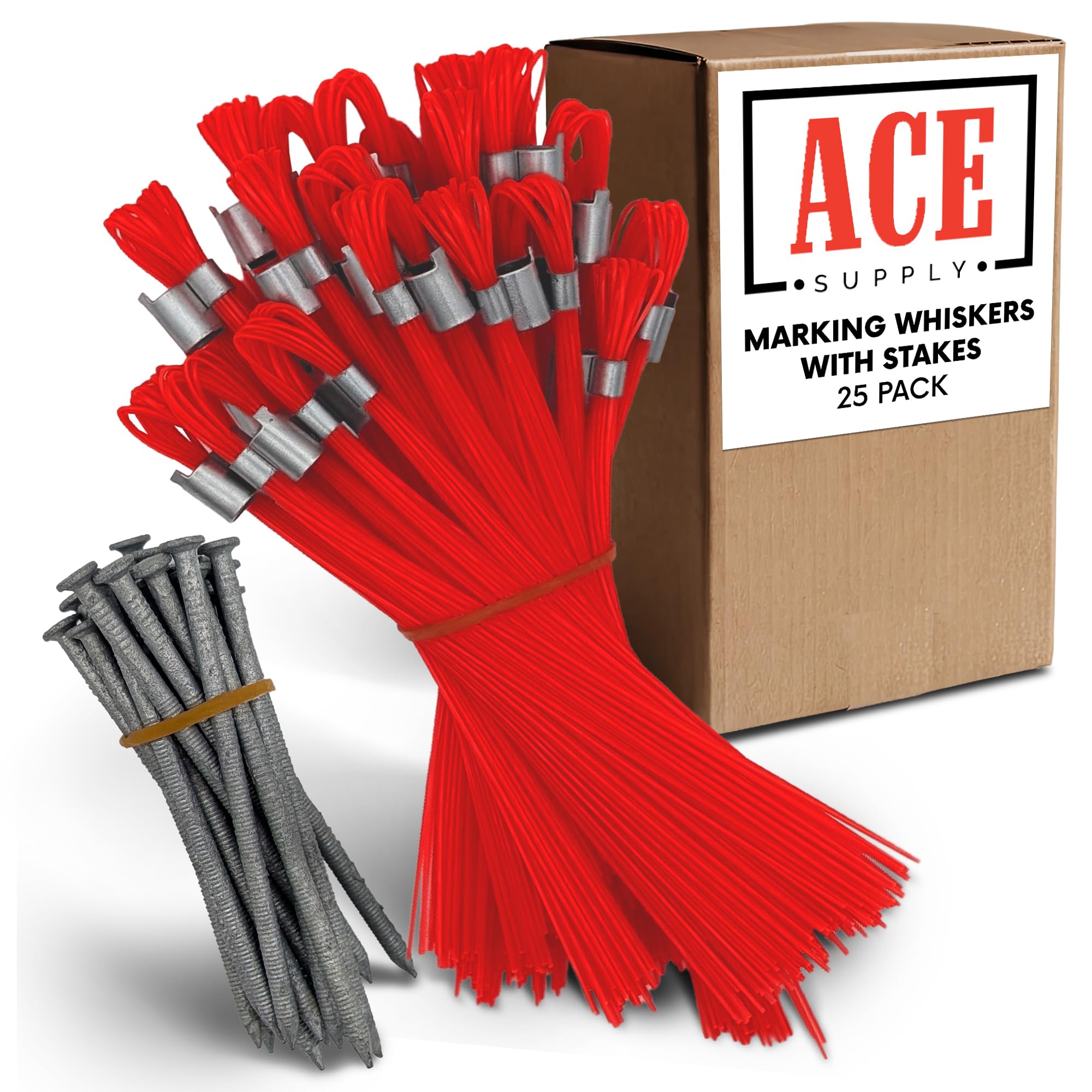 Blue Marking Whiskers With Stakes - 25 Pack - Durable Marking Whisker Set - Use Survey Whiskers As Ground Markers, Construction Markers, Or Trail Markers