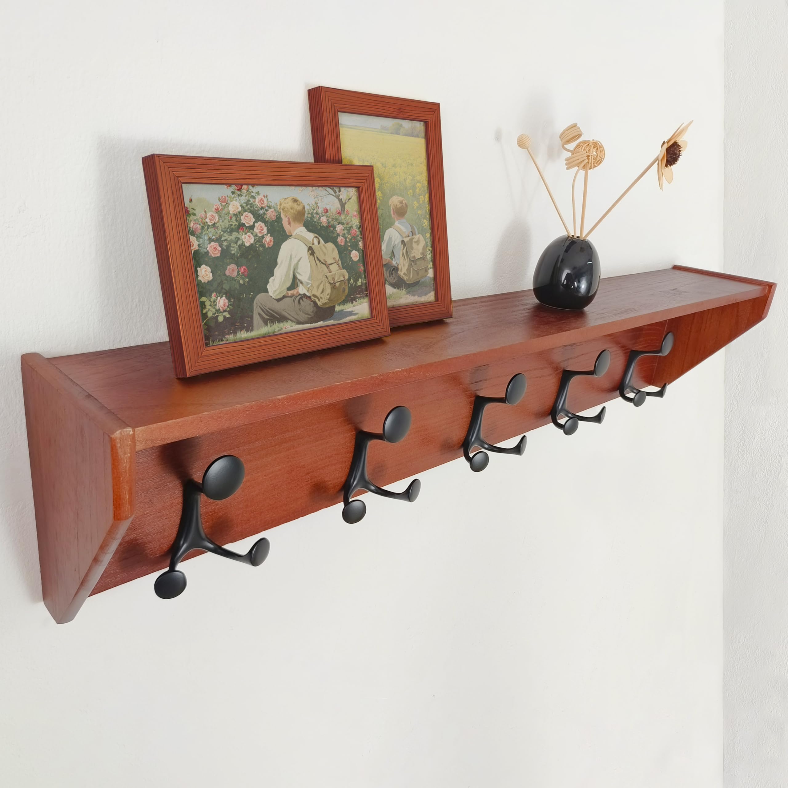 SKOLOO Wall Shelf with Hooks, 24-Inch Cherry Coat Rack Wall Mount with Shelf Organizer - Heavy Duty, 4 Tri Hooks - Perfect for Entryway, Hallway, Living Room, Bedroom, Mudroom