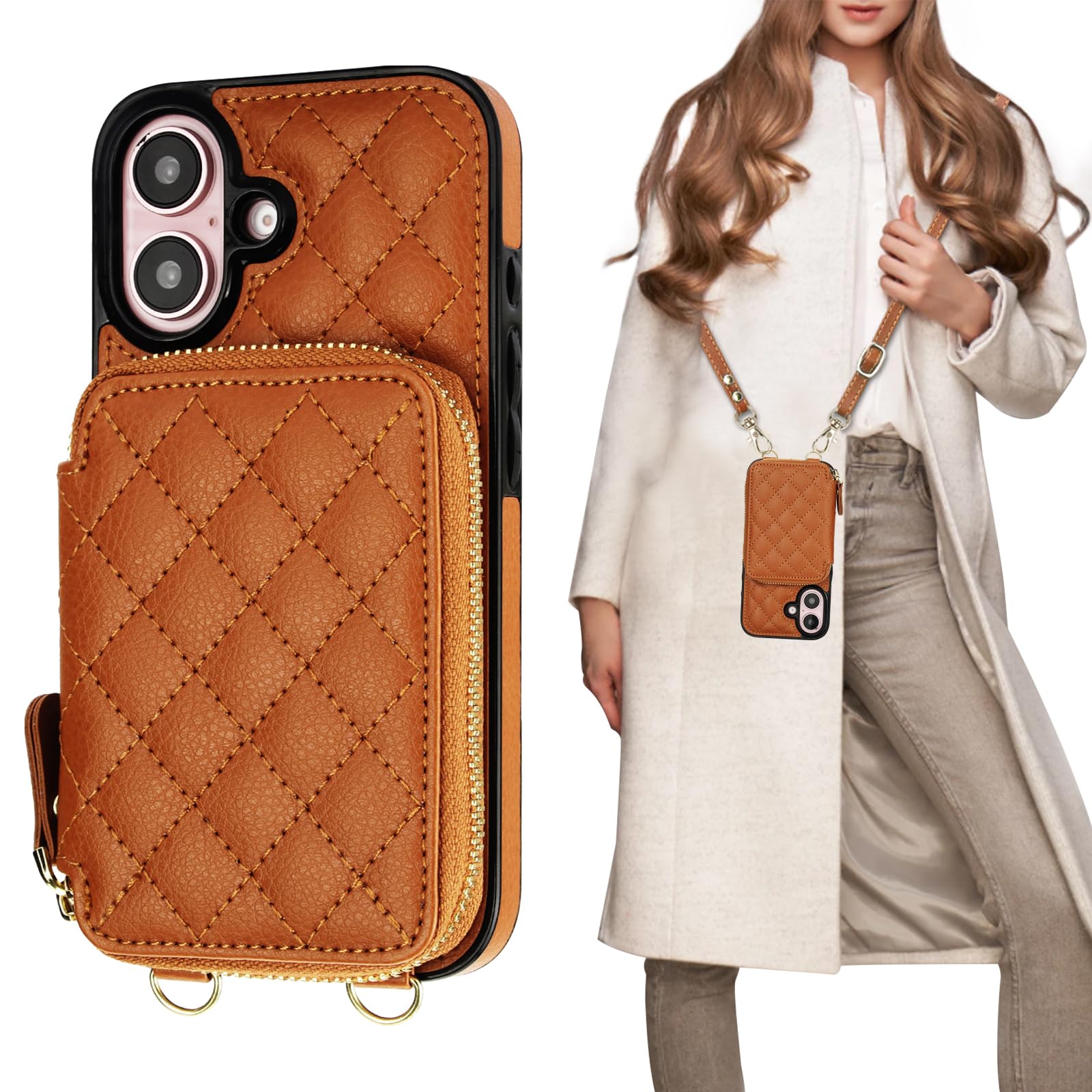 Bocasal Crossbody Wallet Case for iPhone 16, RFID Blocking PU Leather Zipper Handbag Purse Flip Cover, Kickstand Folio Case with Card Slots Holder Wrist Strap Lanyard 5G 6.1 Inch (Black)