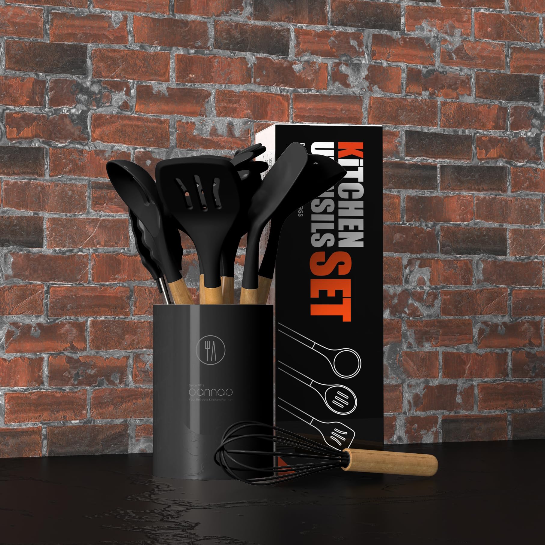 oannao Silicone Cooking Utensils Set - 446°F Heat Resistant Silicone Kitchen Utensils for Cooking,Kitchen Utensil Spatula Set w Wooden Handles, BPA FREE Gadgets for Non-Stick Cookware (Black)