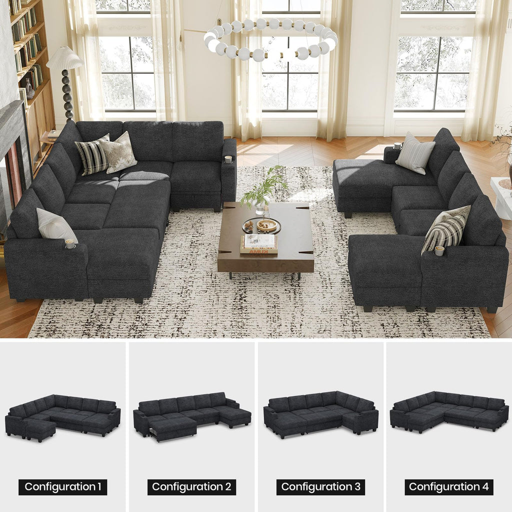 Belffin Modular Sectional Sleeper Sofa Bed with Storage Chaise L Shaped Sectional Couches for Living Room Armrest with Cup Holder. White Couch