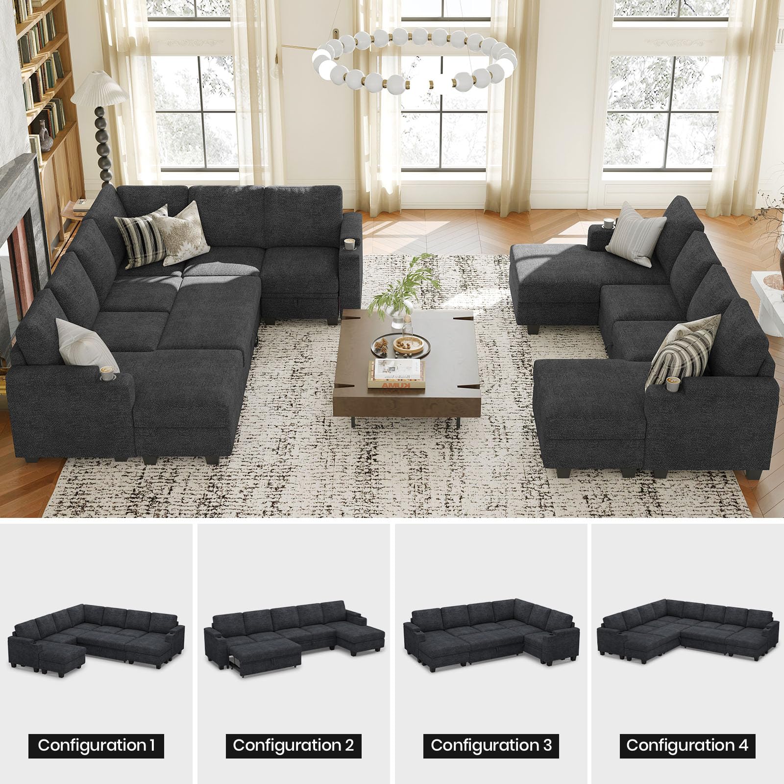 Belffin Modular Sectional Sleeper Sofa Bed with Storage Chaise L Shaped Sectional Couches for Living Room Armrest with Cup Holder. White Couch