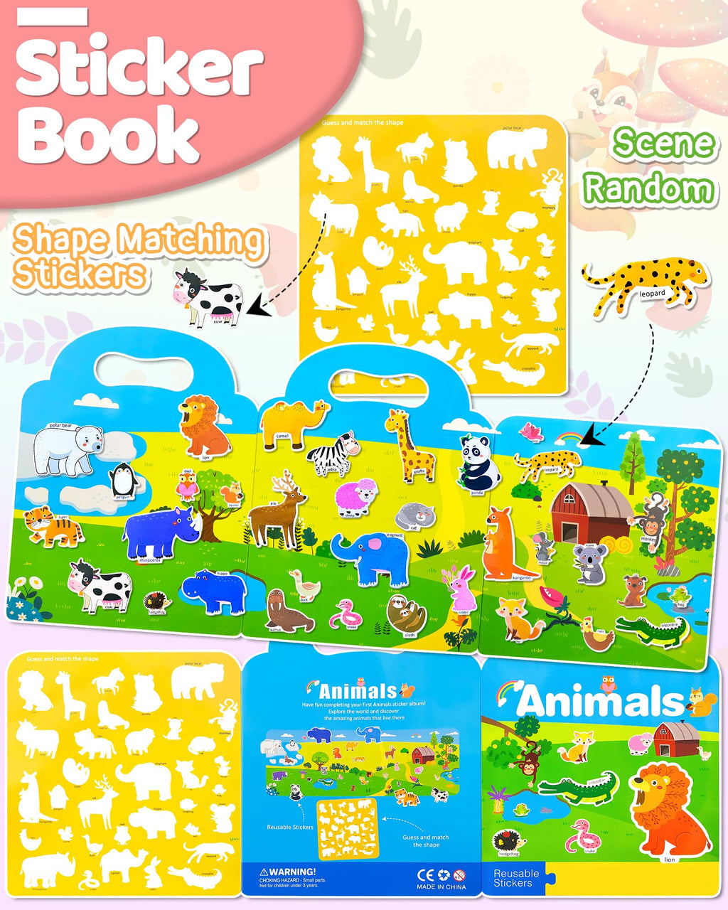 Benresive Reusable Sticker Book for Toddlers, Stickers for Kids, Travel Toys for Arts & Crafts Activities, Birthday Gift for Boys & Girls, Animals Dinosaurs Insects Themes