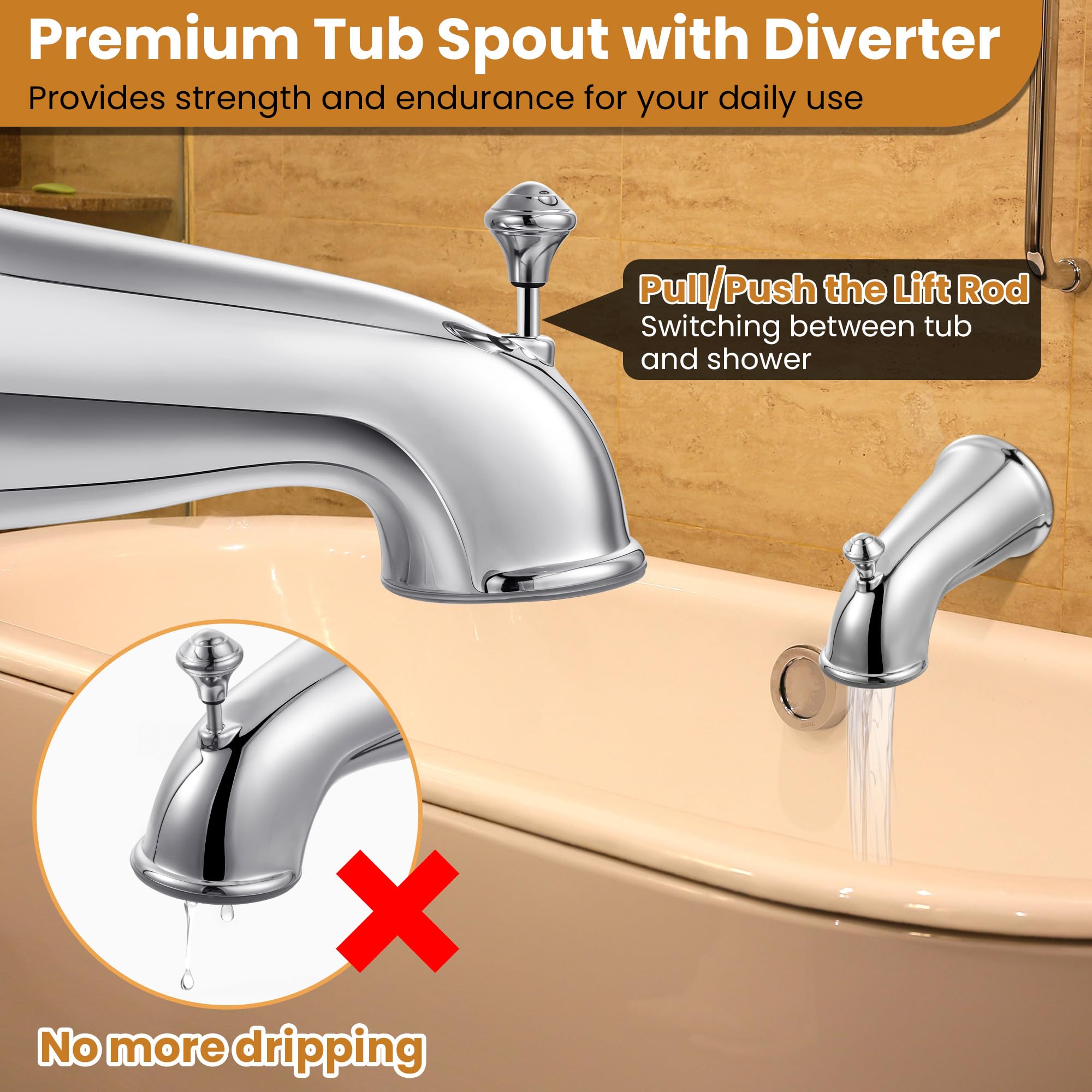 Dreyoo Tub Spout (Universal Fits 1/2" Copper Pipe, 1/2" IPS and 3/4" IPS), Bathroom Bathtub Faucet with Adapters and Hex Wrench(Brushed Nickel,Simple)
