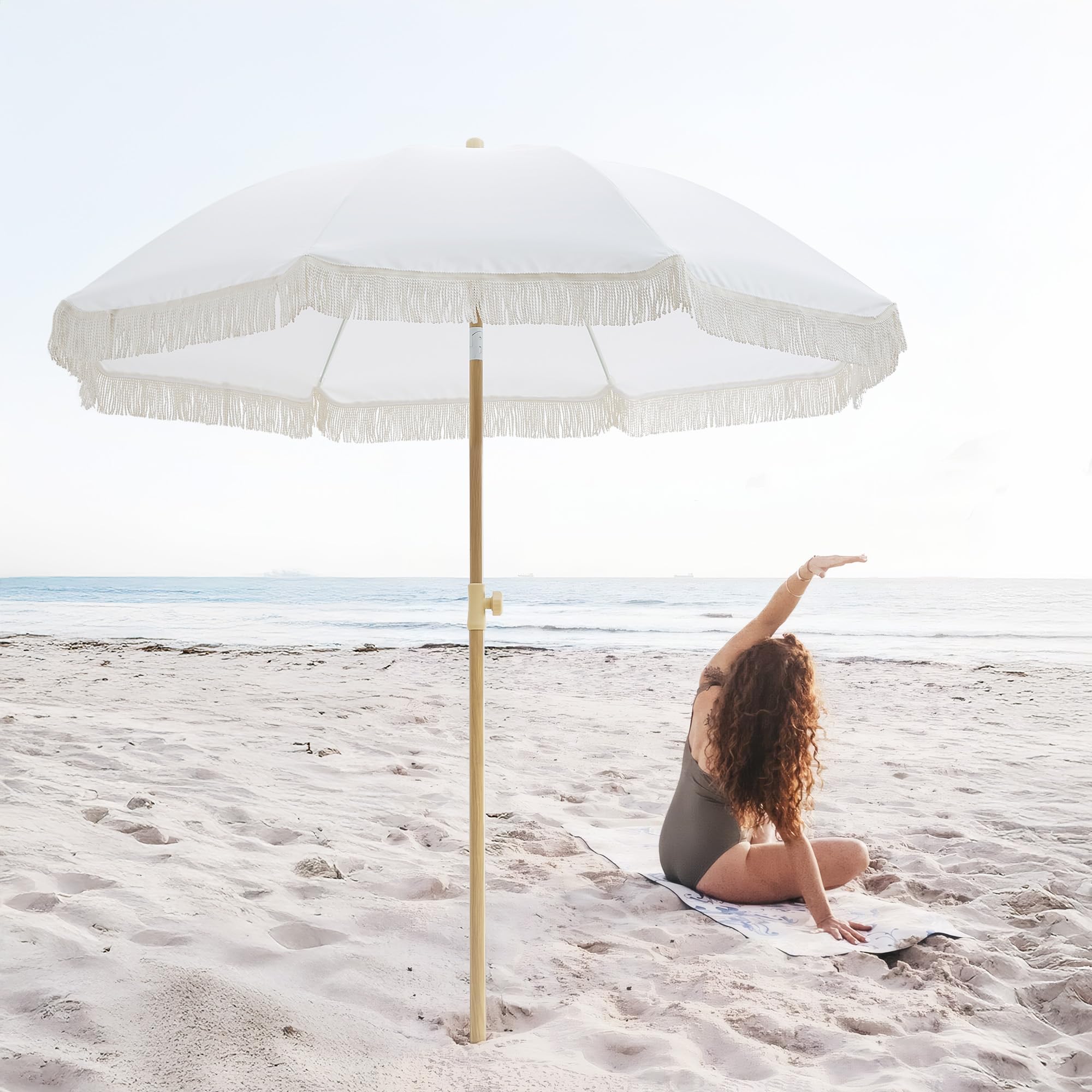 6.5FT Boho Patio Umberlla with Fringe,UPF50+ Outdoor Umbrella with Fiberglass Ribs and Push Button Tilt,Tassels Umbrella for Beach,Terrace,Picnic