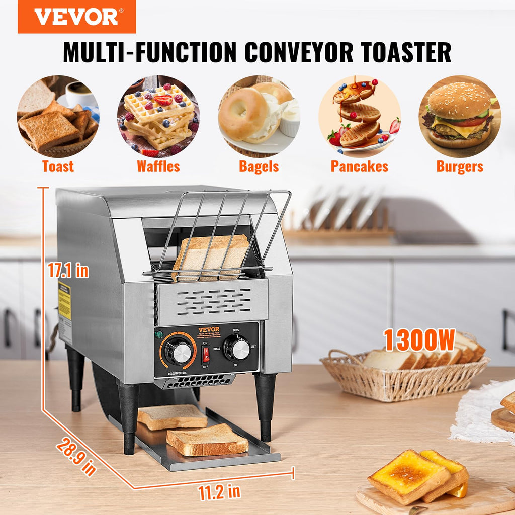VEVOR Commercial Conveyor Toaster, 300 Slices/Hour, Heavy Duty Stainless Steel, Electric Restaurant Toaster for Toast, Bun, Bagel, Bread