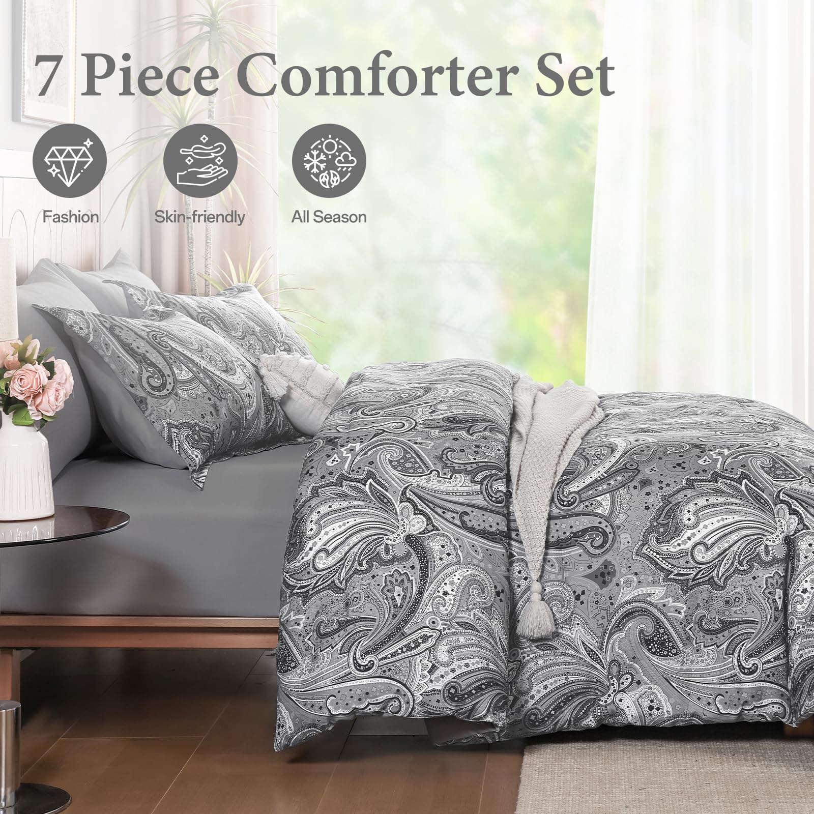 DJY Black Paisley Comforter Set Full Size 7 Piece Bed in a Bag Black and Grey Boho Paisley Pattern Comforter Set Soft Lightweight Microfiber Reversible Bedding Set for All Season