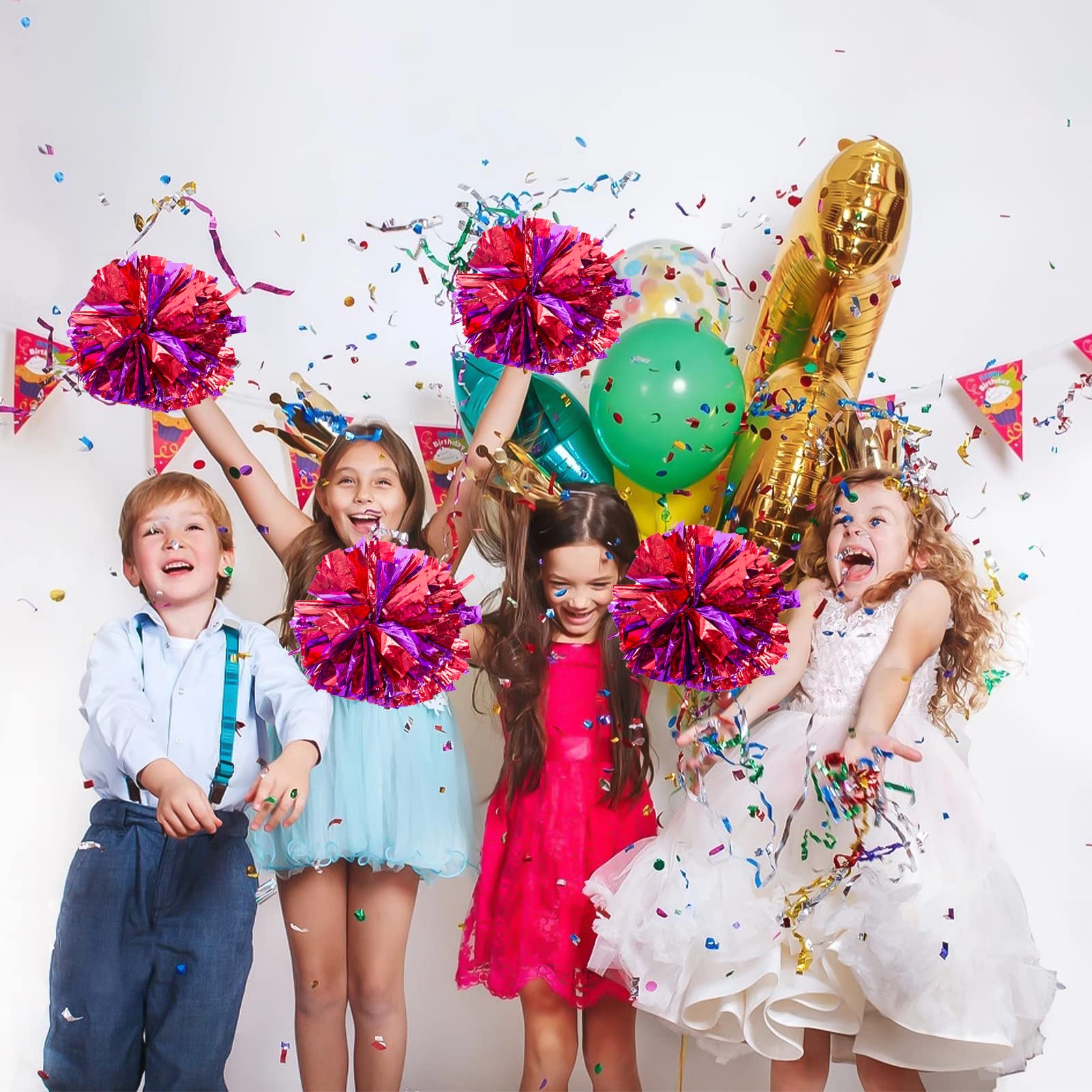 4Pcs Metallic Cheerleading Pom Poms, Creatiee 2 Pair Cheerleader Cheering Squad Pompoms for School Sports Dance Games Team Spirit Cheer