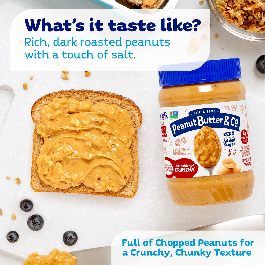 Peanut Butter & Co. Old Fashioned Crunchy Peanut Butter, No Sugar Added, 8g Protein, Non-GMO Project Verified, Gluten Free, Vegan, 16 oz Jar