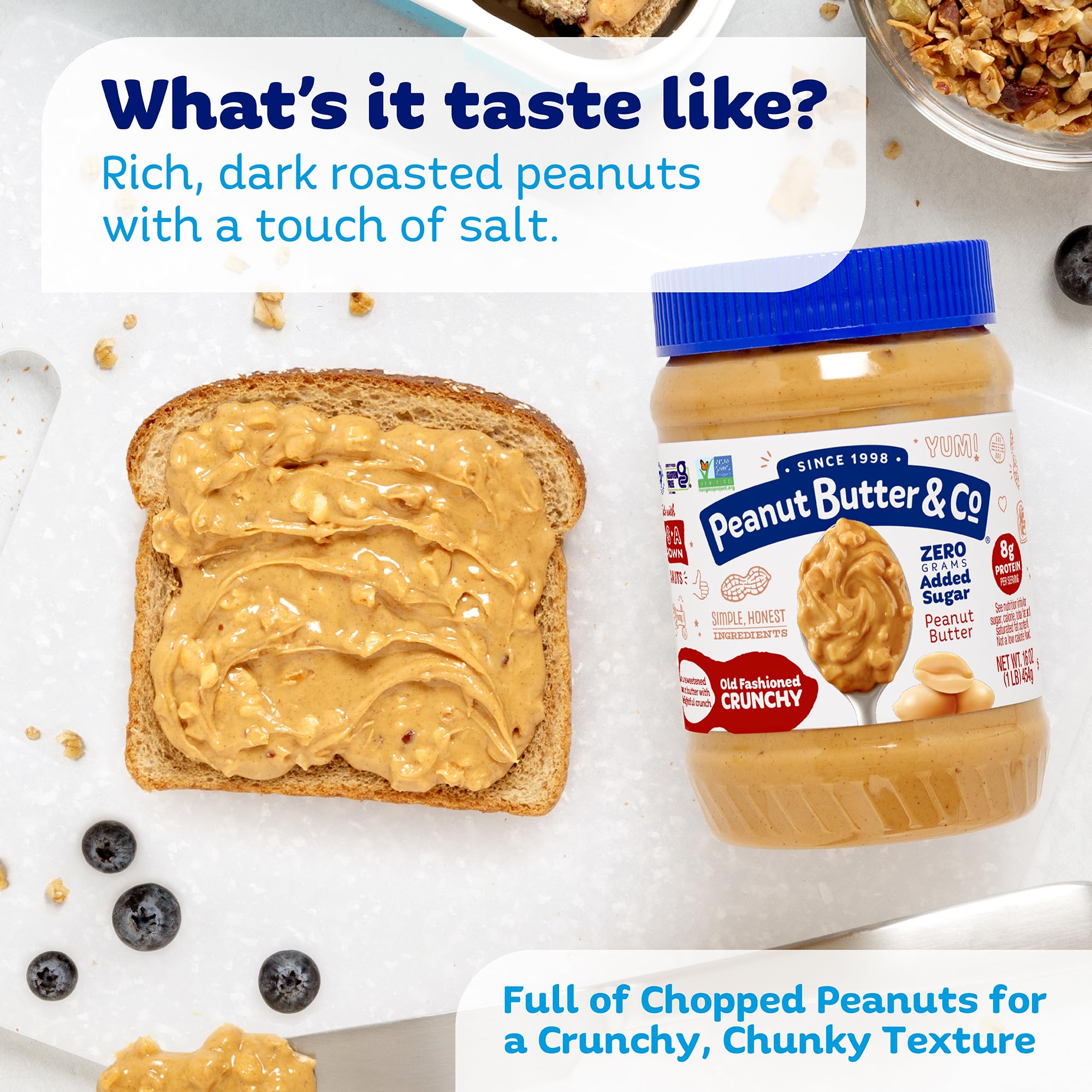 Peanut Butter & Co. Old Fashioned Crunchy Peanut Butter, No Sugar Added, 8g Protein, Non-GMO Project Verified, Gluten Free, Vegan, 16 oz Jar