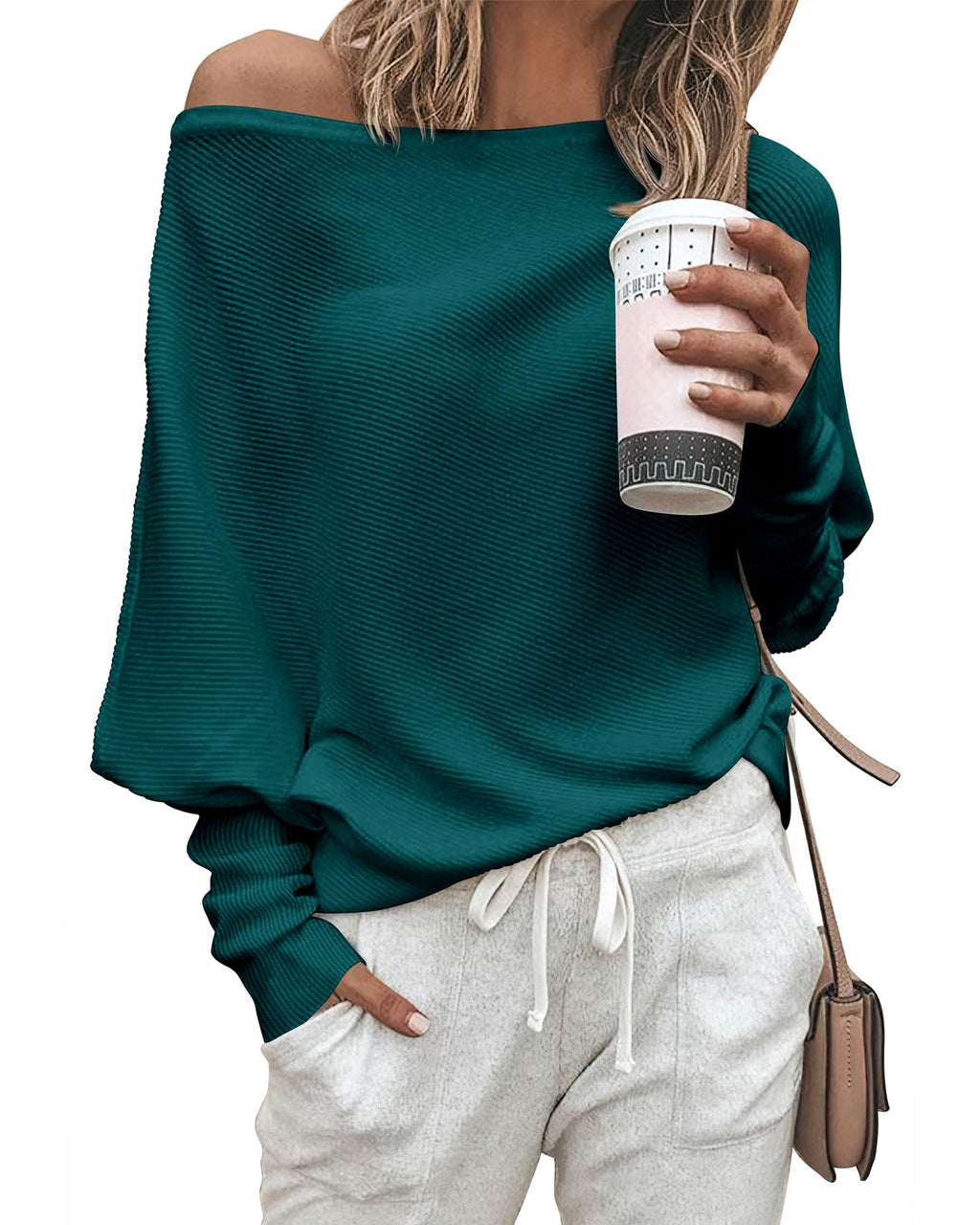 Zenlonr Women's Fall Sweaters 2026 Casual Long Batwing Sleeve Loose Off Shoulder Knit Pullovers Jumper Tops