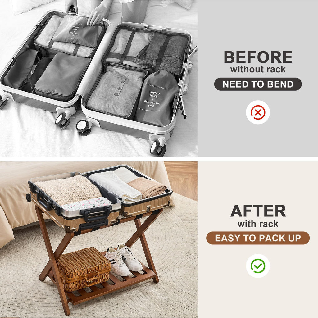 oakvivo Fully Assembled Black Luggage Rack for Guest Room, Bamboo Foldable Suitcase Stand with 5 Nylon Straps, Upgraded Luggage Rack Holder with Shelf for Bedroom Hotel, Holds up to 165 Lbs, 1pcs