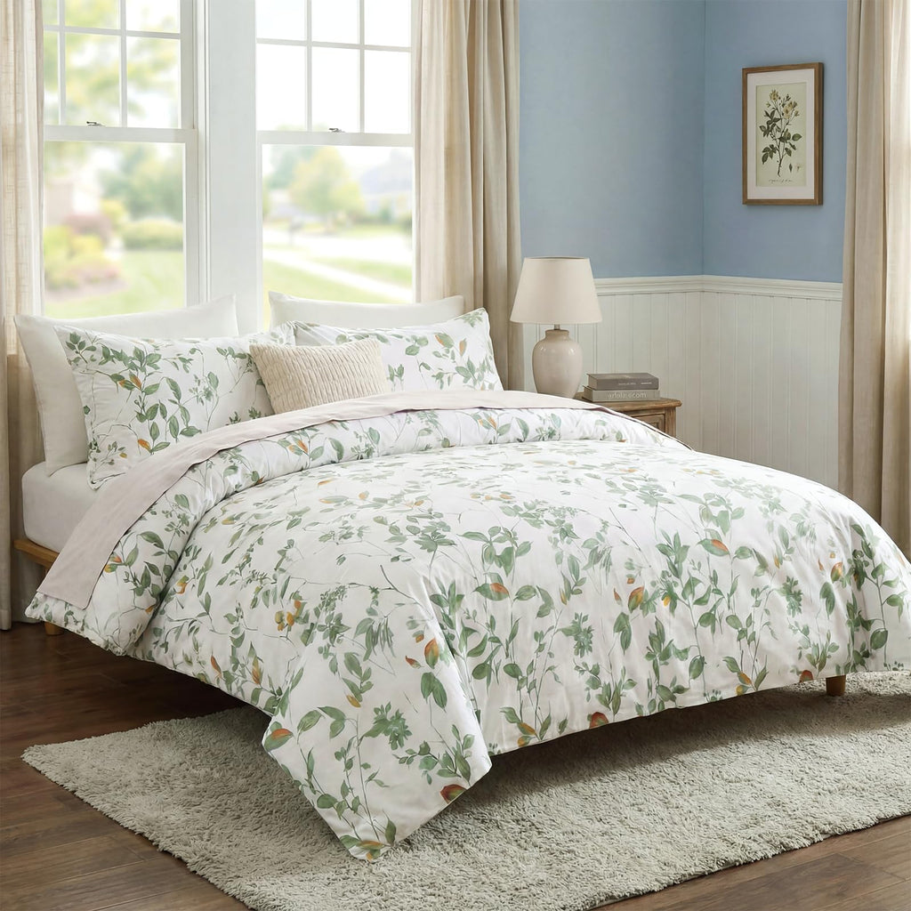 100% Natural Cotton Comforter Set Queen 3 Pcs Grayish Blue Bedding Sets with Luxurious Damask Pattern, Reversible Breathable Soft Comforter Sets for All Season