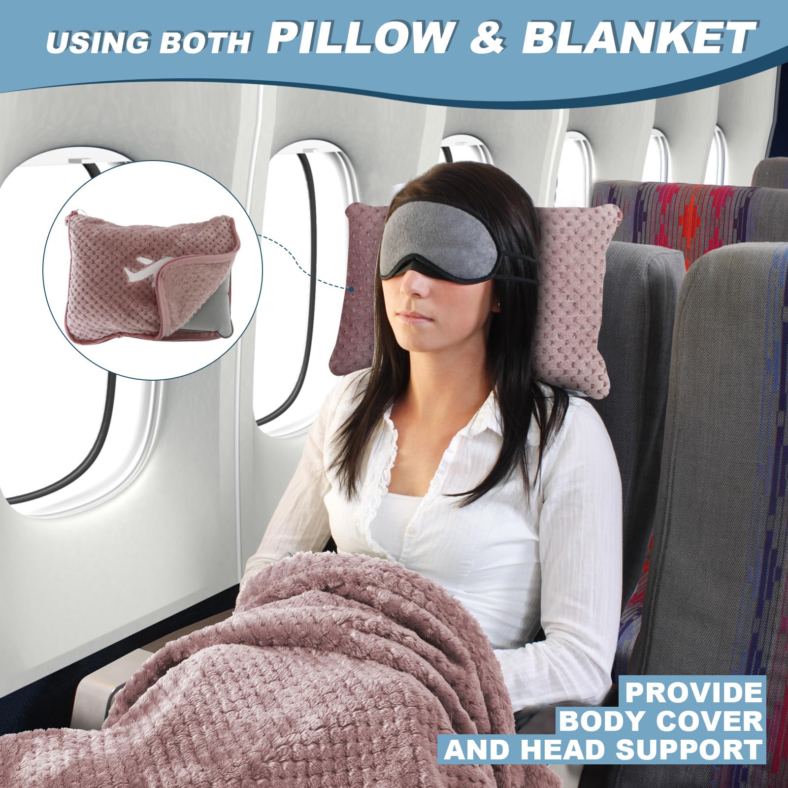 Travel Blanket Airplane Compact with Bag, Travel Essentials 3 in 1 Packable Airplane Blanket, Travel Pillow and Blanket Set, Inflatable Pillow, Luggage Sleeve & Backpack Clip (Camel)