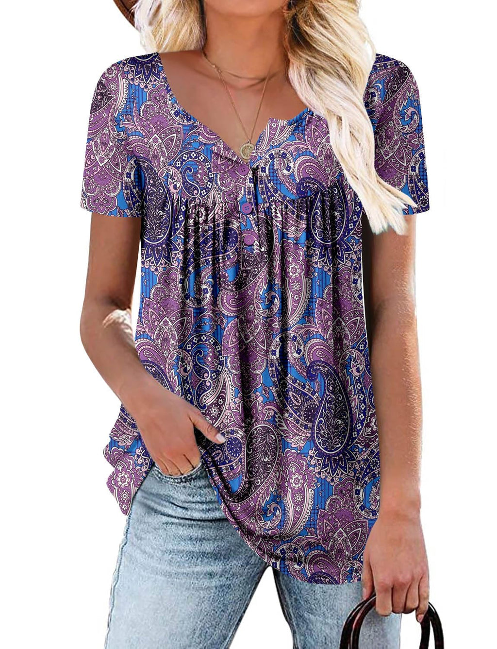 Mystry Zone Womens Henley V Neck Casual Blouse Button Down T Shirts Flare and Flowy Tops