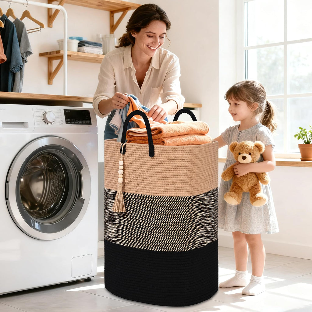 Woven Laundry Basket for Clothes, 50L Large Rectangle Laundry Hampers with Beads Tassel, Nursery Storage Basket for Toys, Tall Dirty Clothes Hamper for Bedroom Aesthetic, Laundry Room Organization