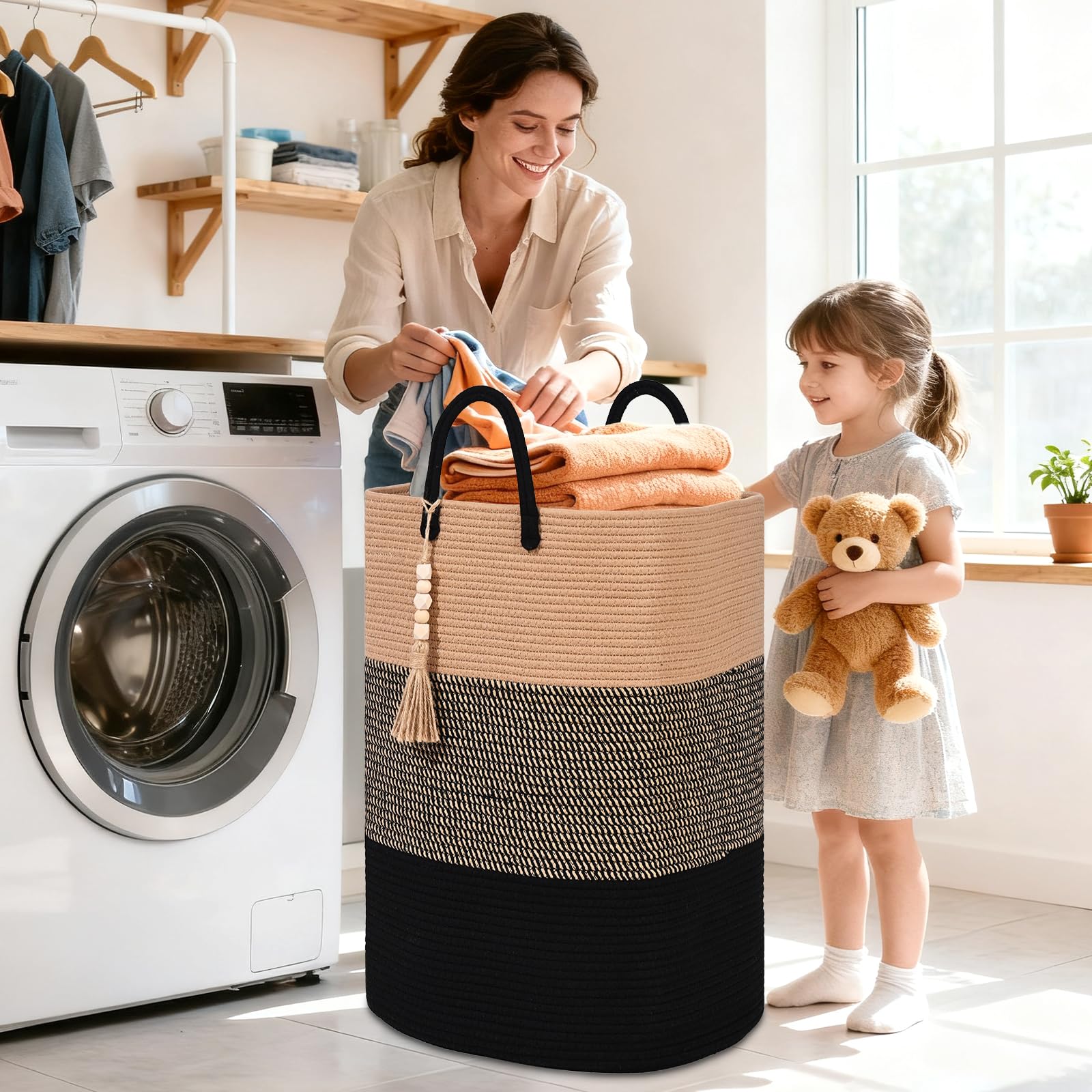 Woven Laundry Basket for Clothes, 50L Large Rectangle Laundry Hampers with Beads Tassel, Nursery Storage Basket for Toys, Tall Dirty Clothes Hamper for Bedroom Aesthetic, Laundry Room Organization