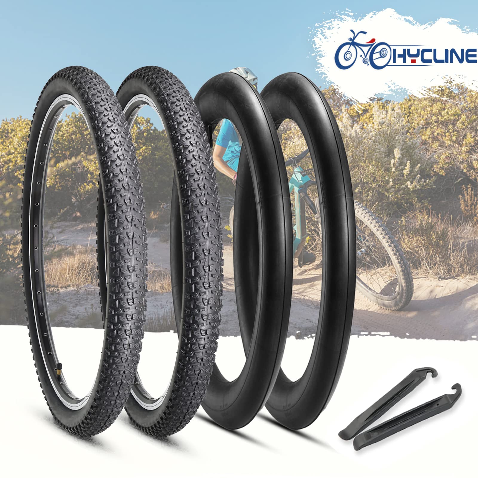 Hycline 2-Pack Mountain Bike Tires Set: 20/24/26/27.5-inch Folding Replacement High-Performance Wear-Resistant Bicycle Tires and Pair Inner Tubes with Tire Levers for MTB Off-Road Bike