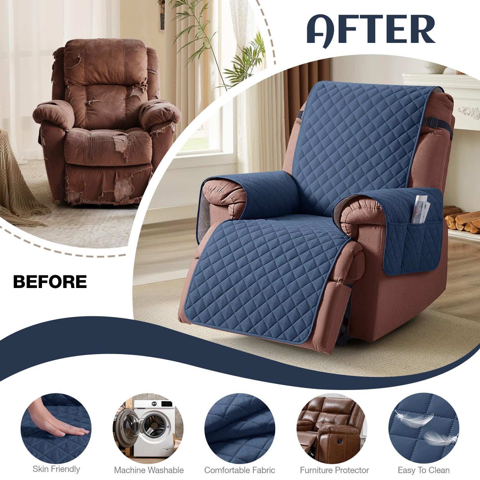 KinCam 100% Waterproof Recliner Chair Cover, Reclining Couch Covers for Pets, Dogs, Recliner Couch Slipcover Furniture Protector with Elastic Straps for Kids(23.6", Beige White)
