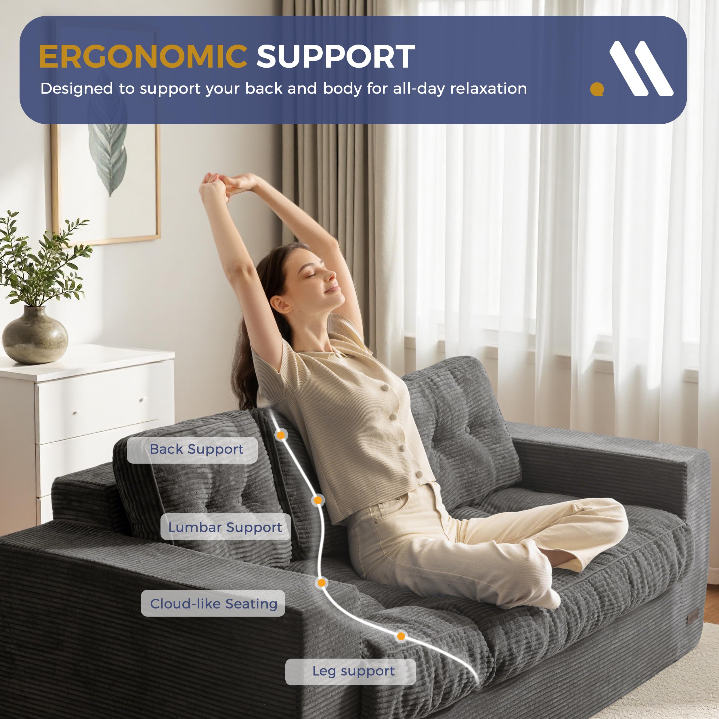 MAXYOYO 3 Seater Sofa Couch for Living Room, Tufted Boneless Couch Sofa Couch, Comfy Bubbled Bean Bag Chair for Apartment, No Assembly Needed, Beige