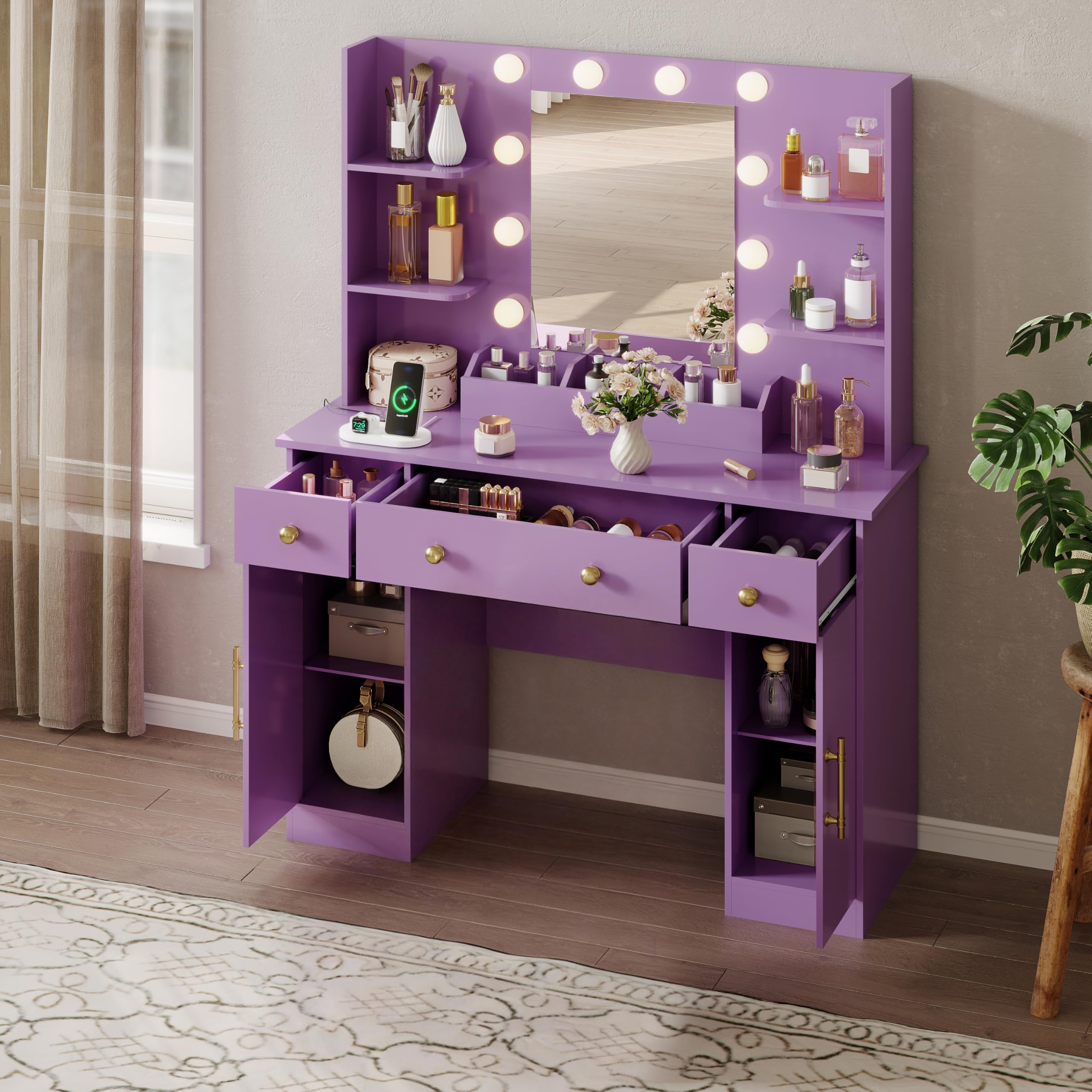 HUANLEGO Vanity Desk with Mirror and Lights, Makeup Vanity with Mirror and LED Lights & Power Outlet, 3 Drawers and Cabinets, 3 Lighting Modes Dressing Table Set for Girls Women Bedroom,Oak